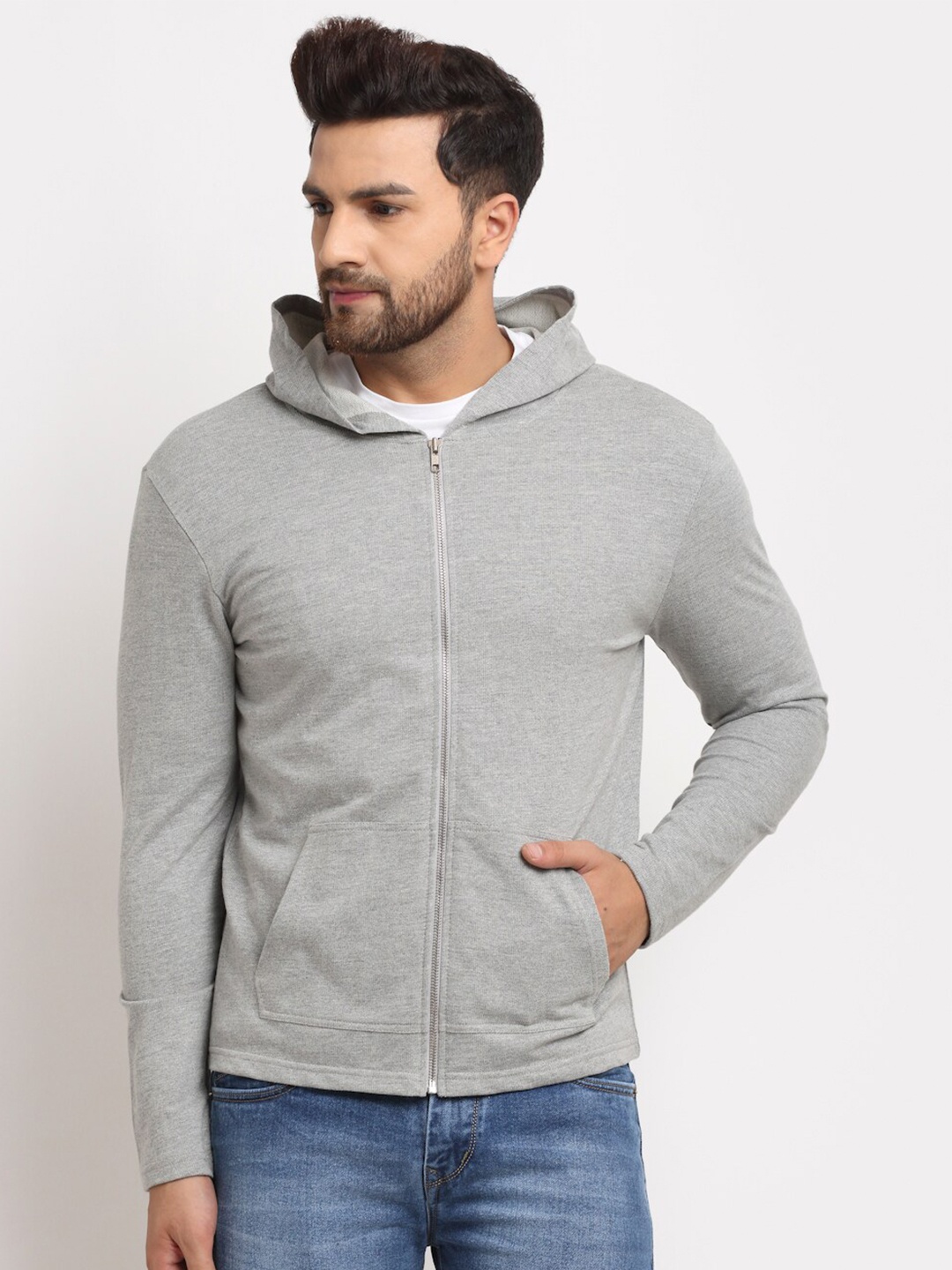 

DOOR74 Men Grey Melange Cotton Solid Hooded Sweatshirt