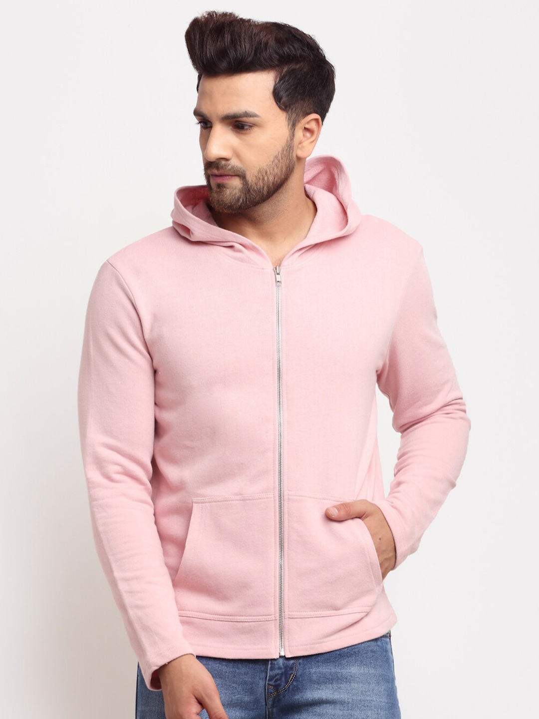 

DOOR74 Men Pink Cotton Hooded Sweatshirt