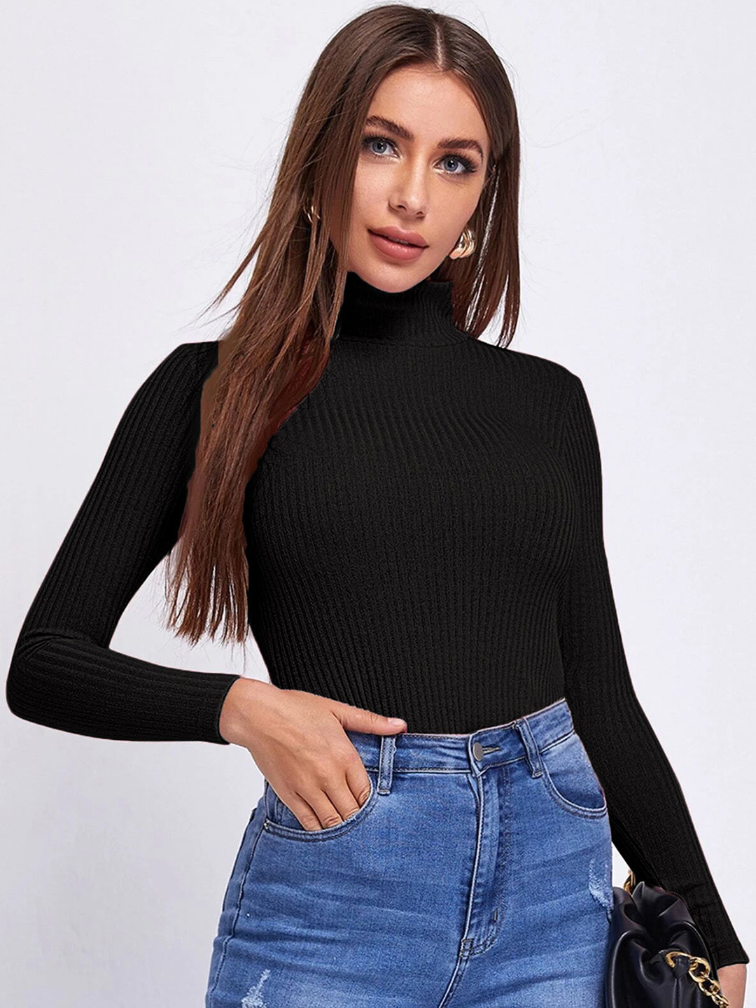 

Rodzen Women Black Turtle Neck Cotton T-shirt