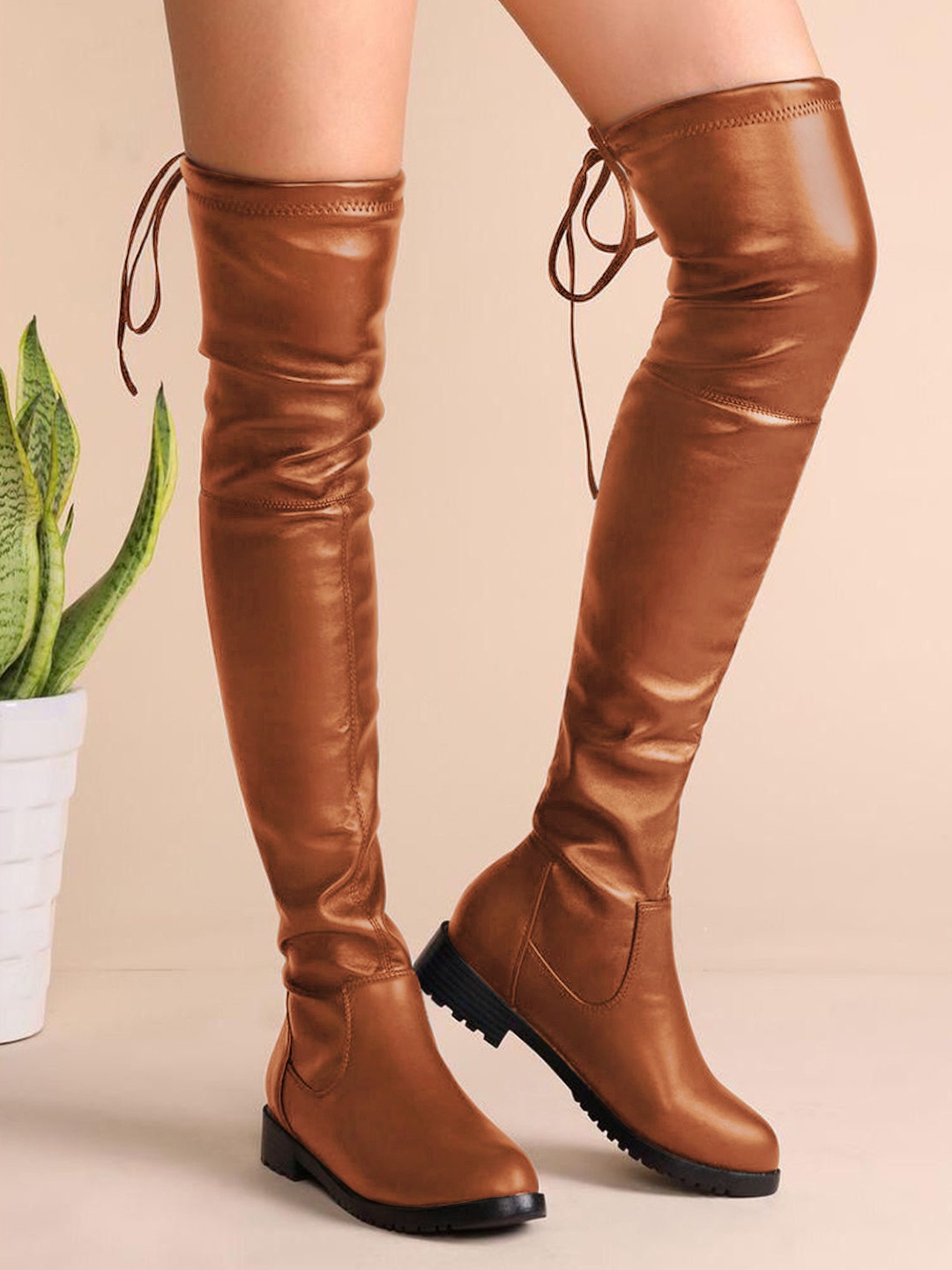 

Shoetopia Women Tan Block Heels High-Top Boots