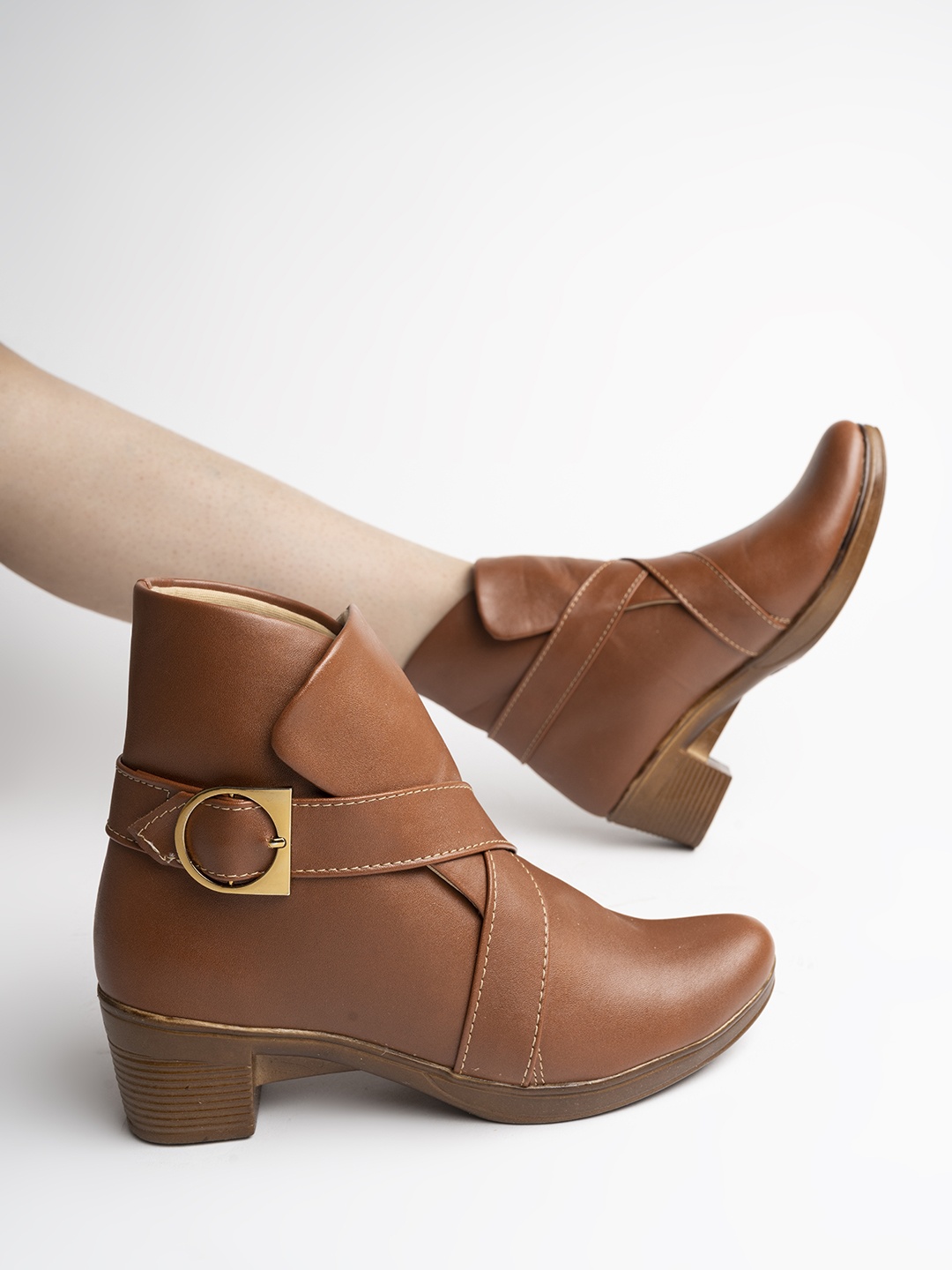 

Shoetopia Women Tan Textured Mid-Top Boots