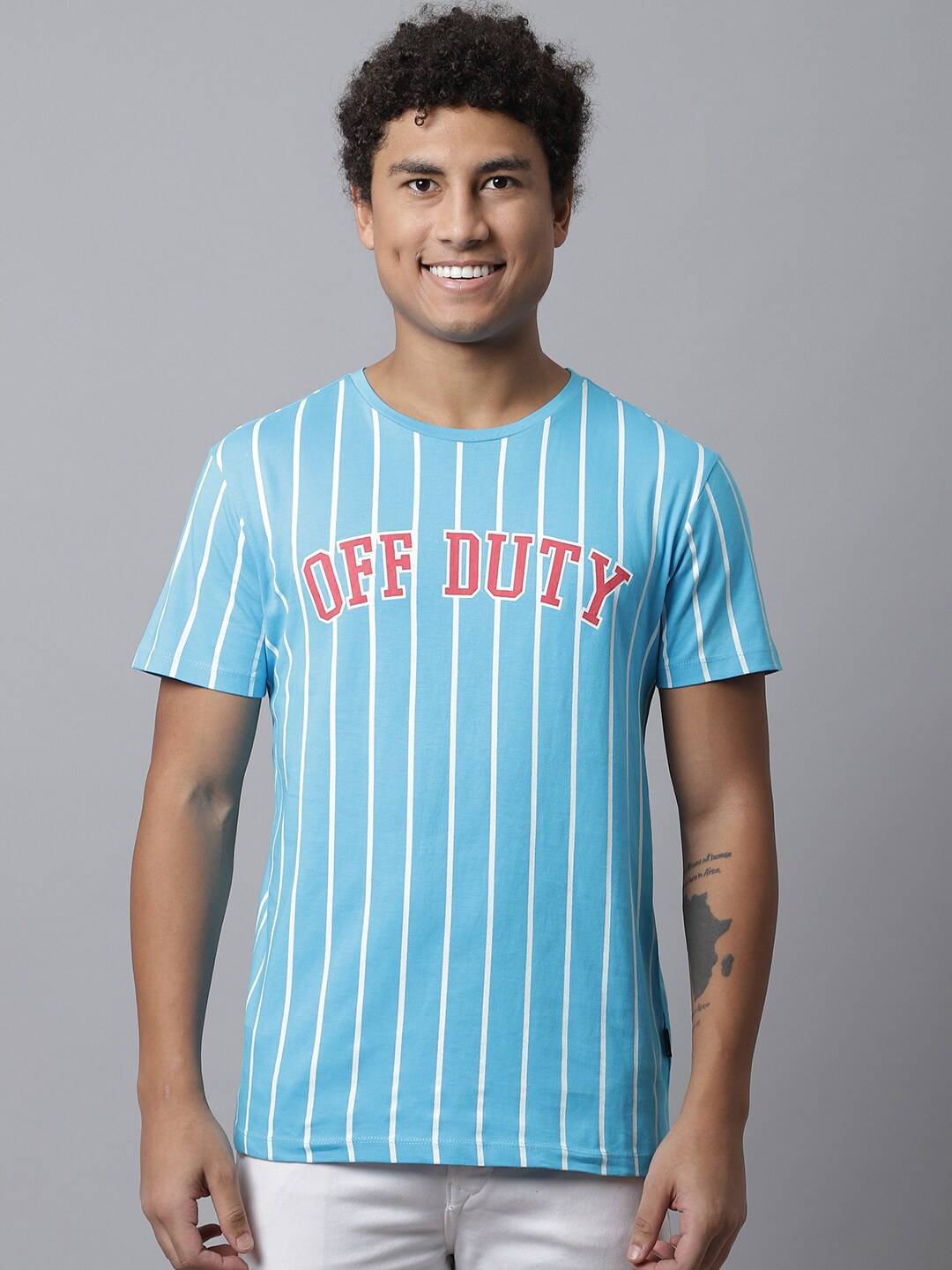 

DOOR74 Men Blue Typography Striped Cotton T-shirt