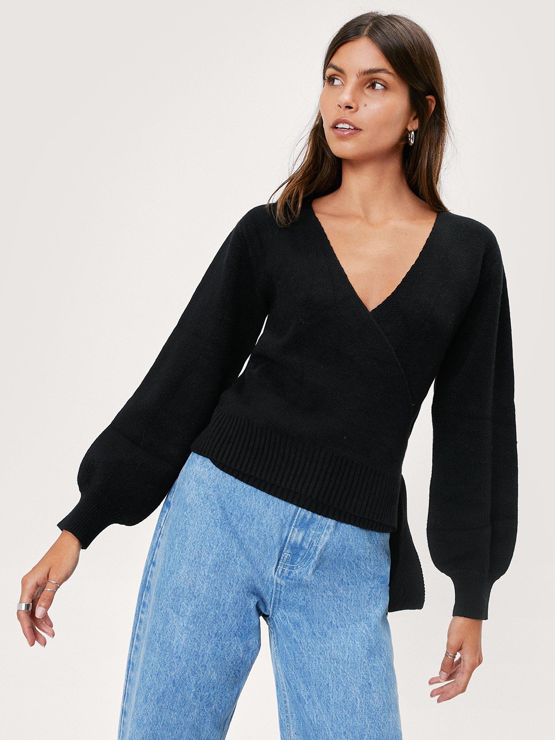 

NASTY GAL Women Black Balloon Sleeve Wrap Cardigan