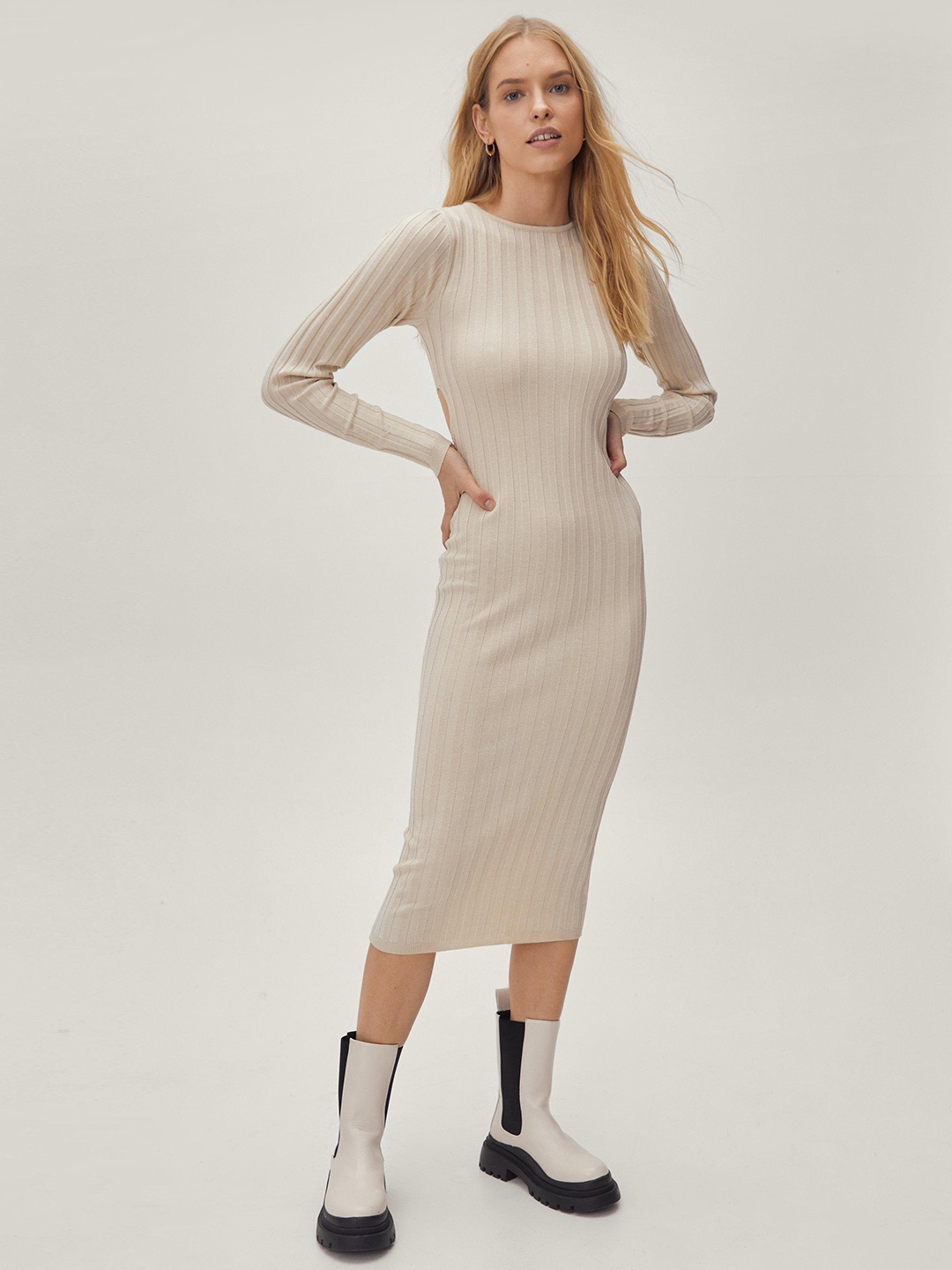 

NASTY GAL Grey Ribbed Bodycon Midi Dress