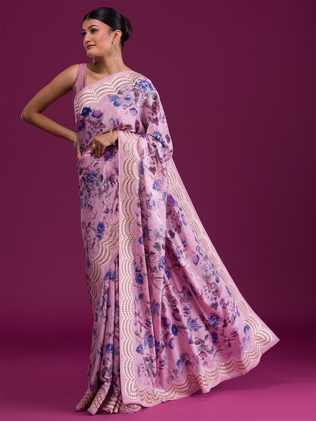 

Koskii Mauve & Blue Floral Mirror Work Saree