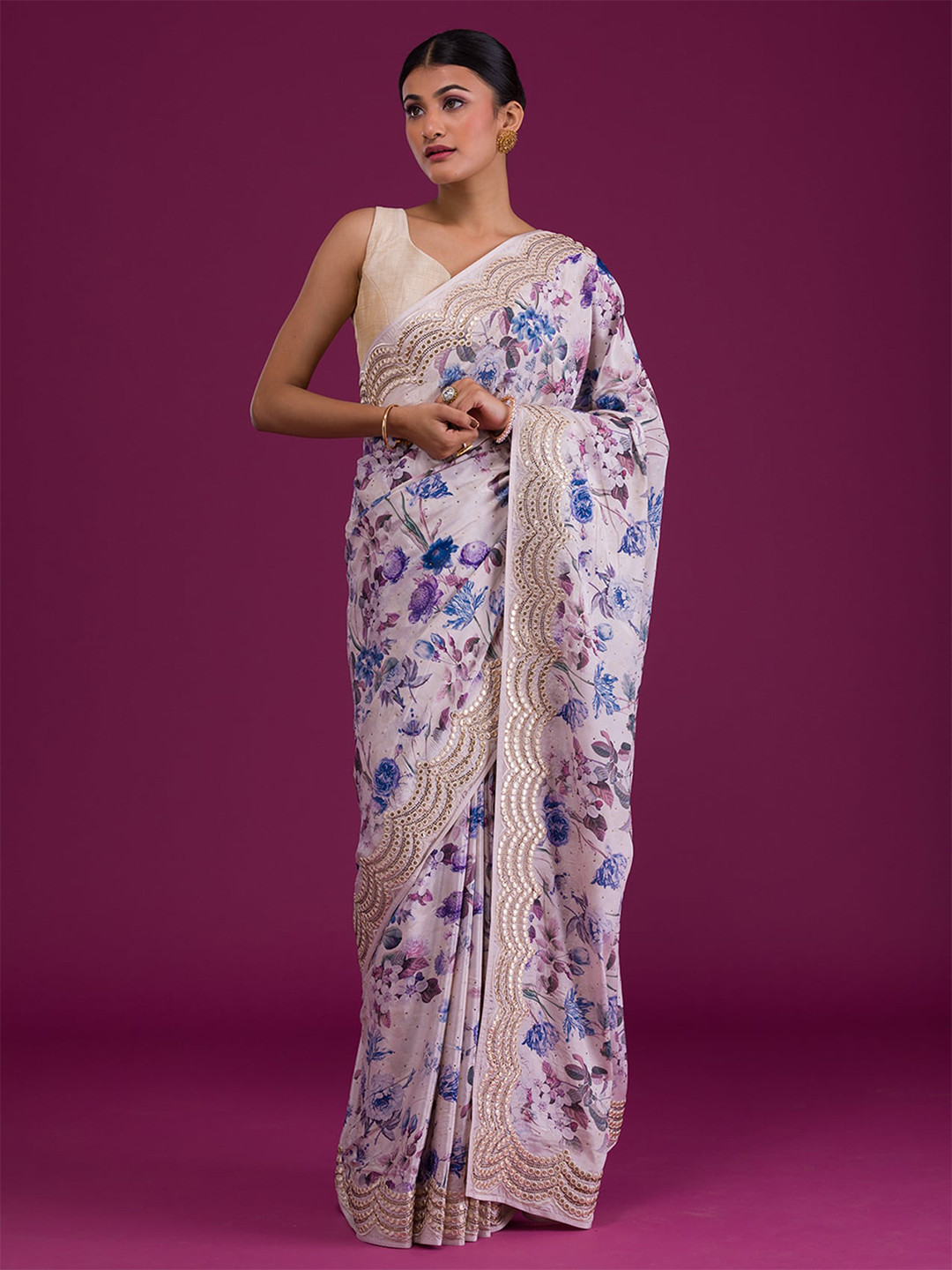 

Koskii Gold-Toned & Purple Floral Mirror Work Saree