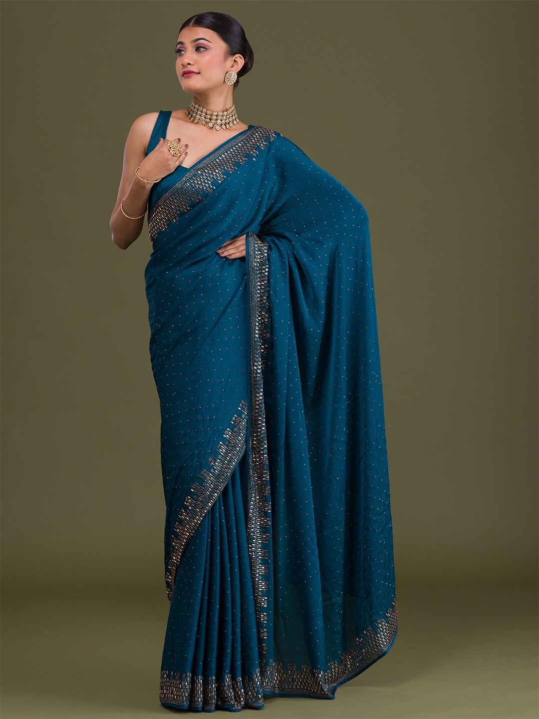 

Koskii Blue & Gold-Toned Embellished Beads and Stones Saree