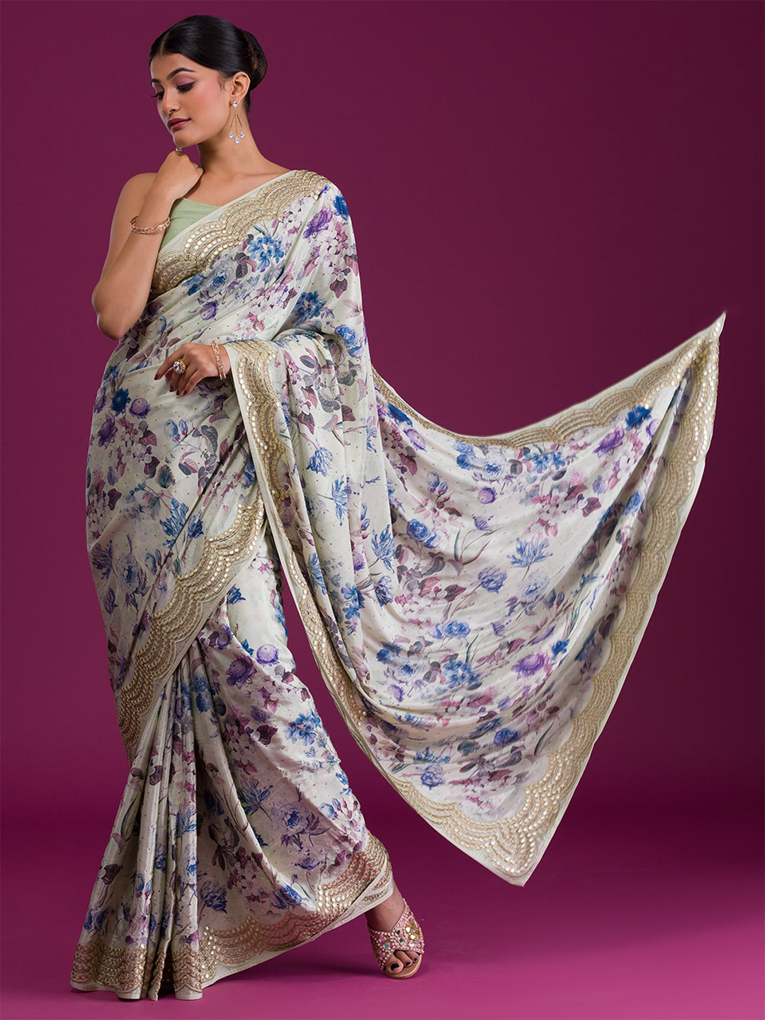 

Koskii Green & Purple Floral Mirror Work Saree