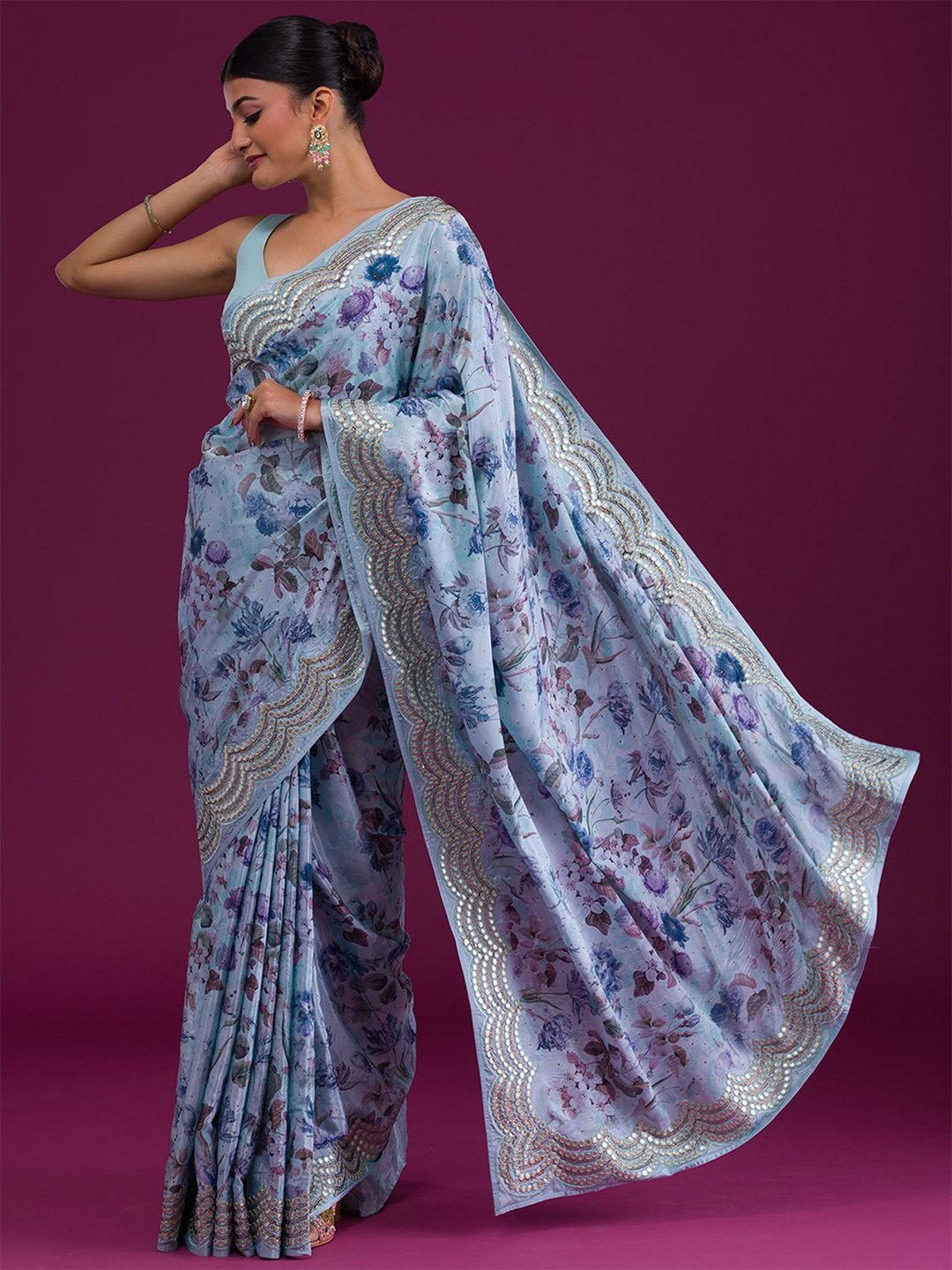 

Koskii Green & Purple Floral Mirror Work Saree