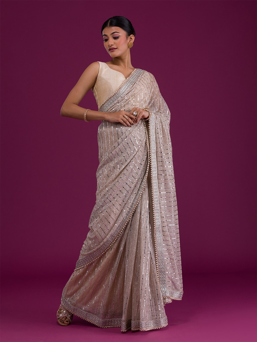 

Koskii Beige & Silver-Toned Embellished Sequinned Supernet Saree