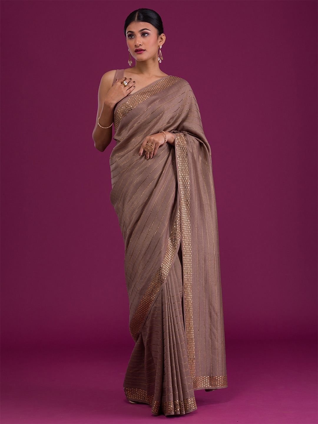 

Koskii Grey & Gold-Toned Embellished Beads and Stones Satin Saree