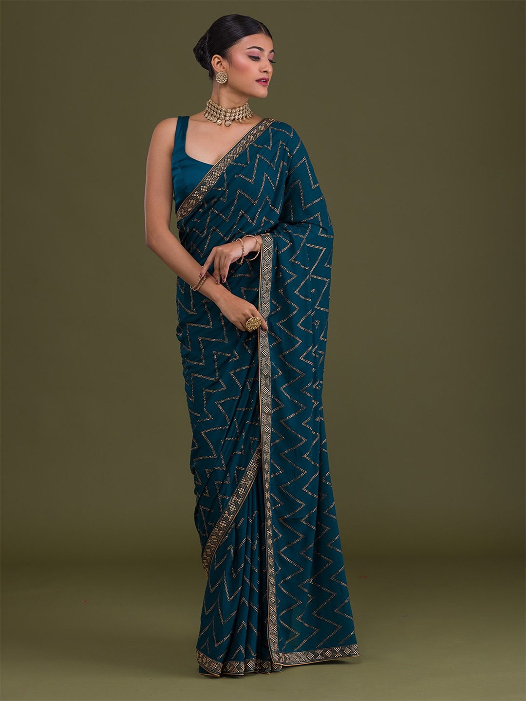 

Koskii Blue & Gold-Toned Embellished Beads and Stones Saree