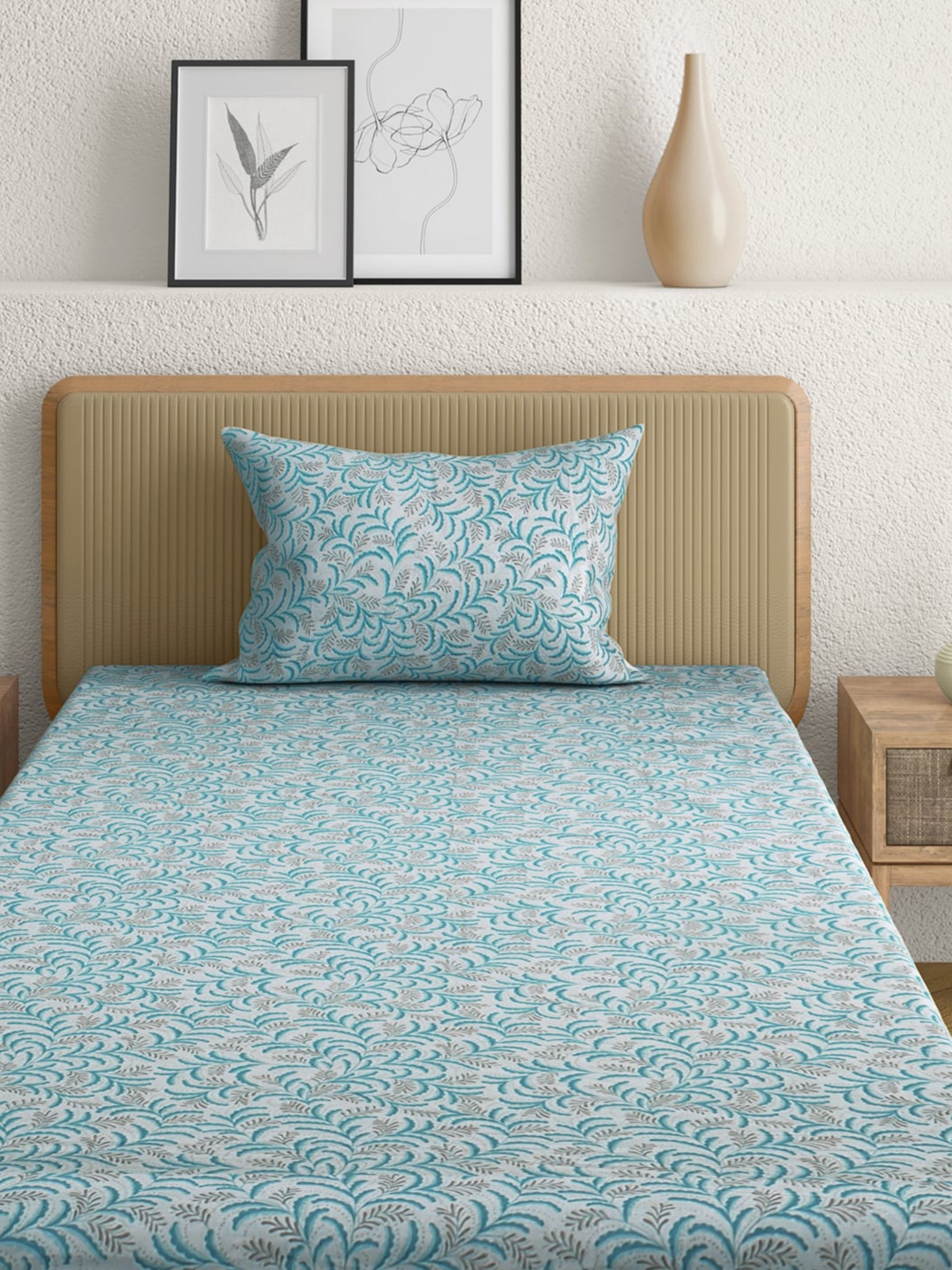 

Anaqa by Pantaloons Teal & White Floral 144 TC Single Bedsheet with 1 Pillow Covers