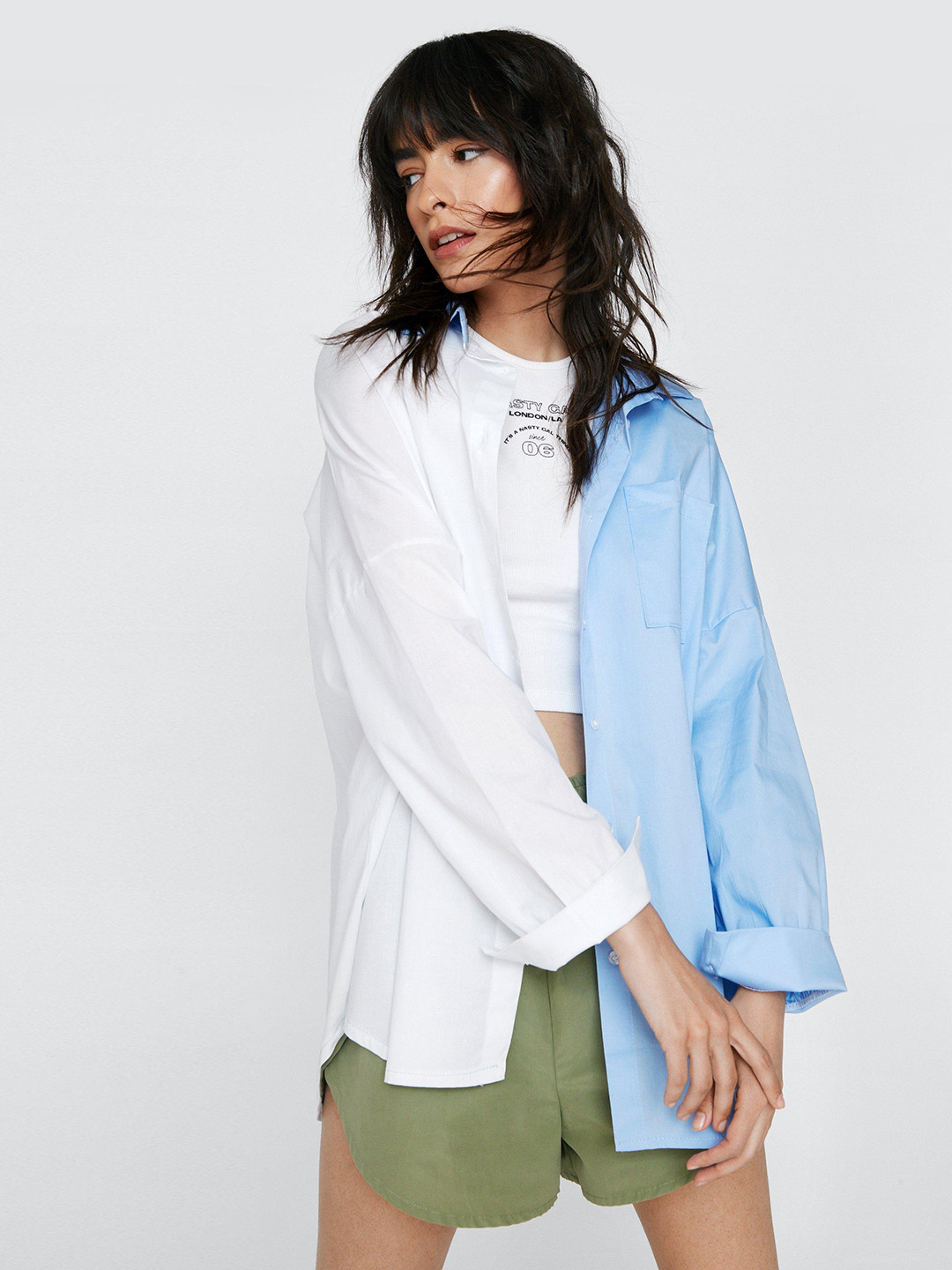 

NASTY GAL Women White & Blue Pure Cotton Colourblocked Poplin Oversized Shirt