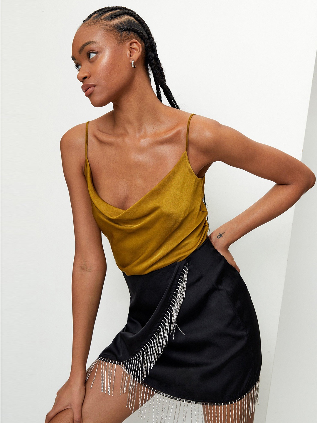 

NASTY GAL Mustard Yellow Satin Cowl Neck Draped Cami Top