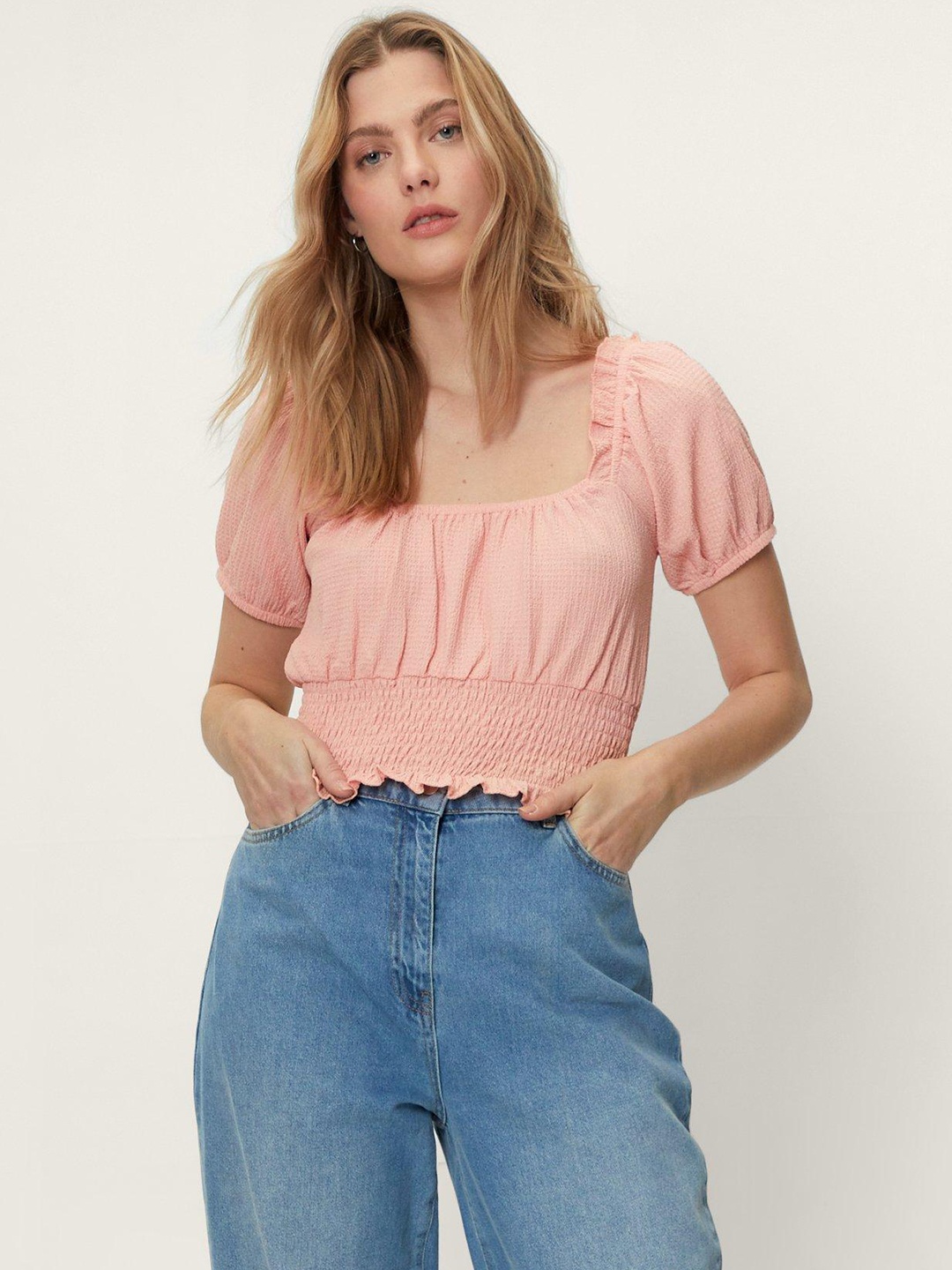 

NASTY GAL Pink Pure Cotton Textured Smocked Blouson Crop Top