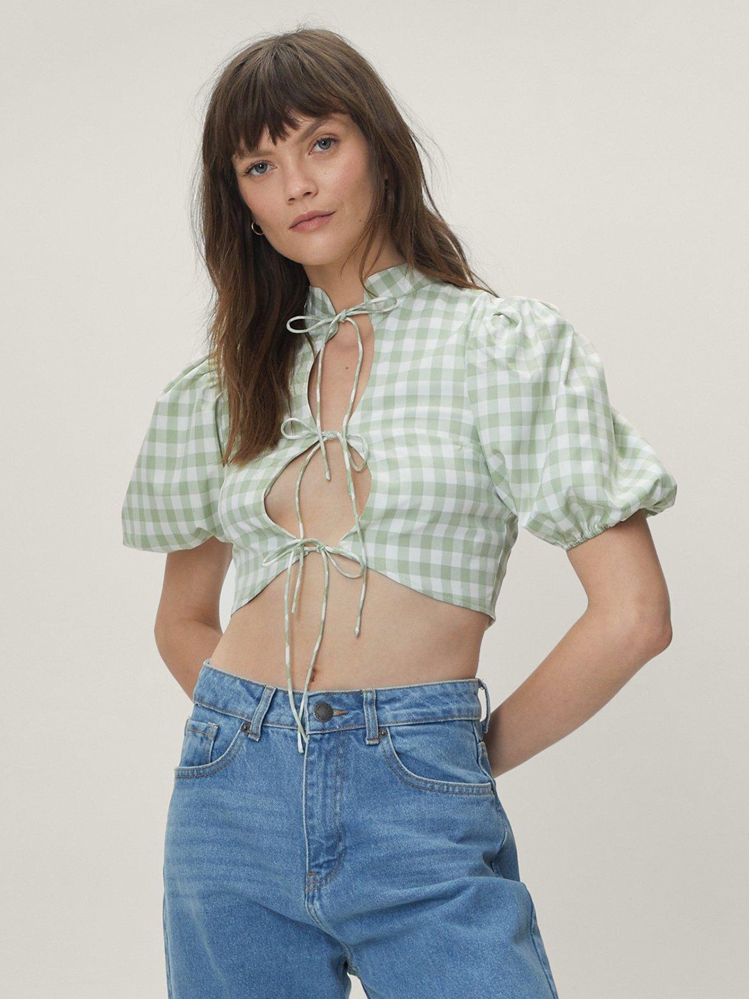 

NASTY GAL White & Green Checked Crop Top