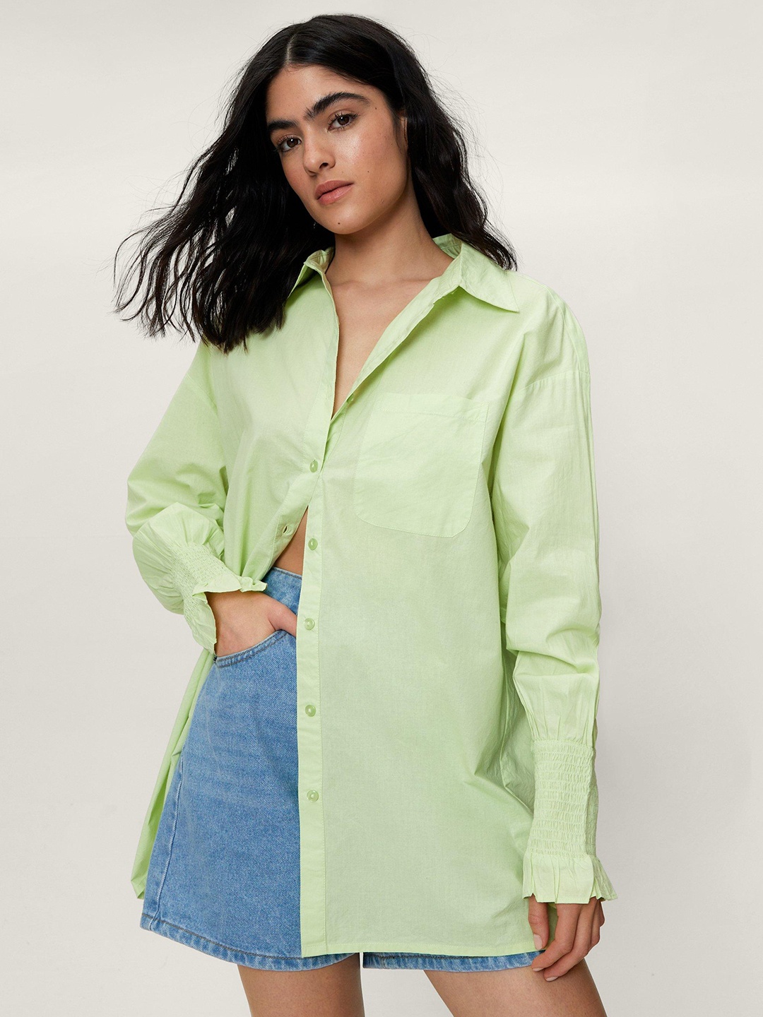 

NASTY GAL Women Green Pure Cotton Solid Oversized Longline Casual Shirt