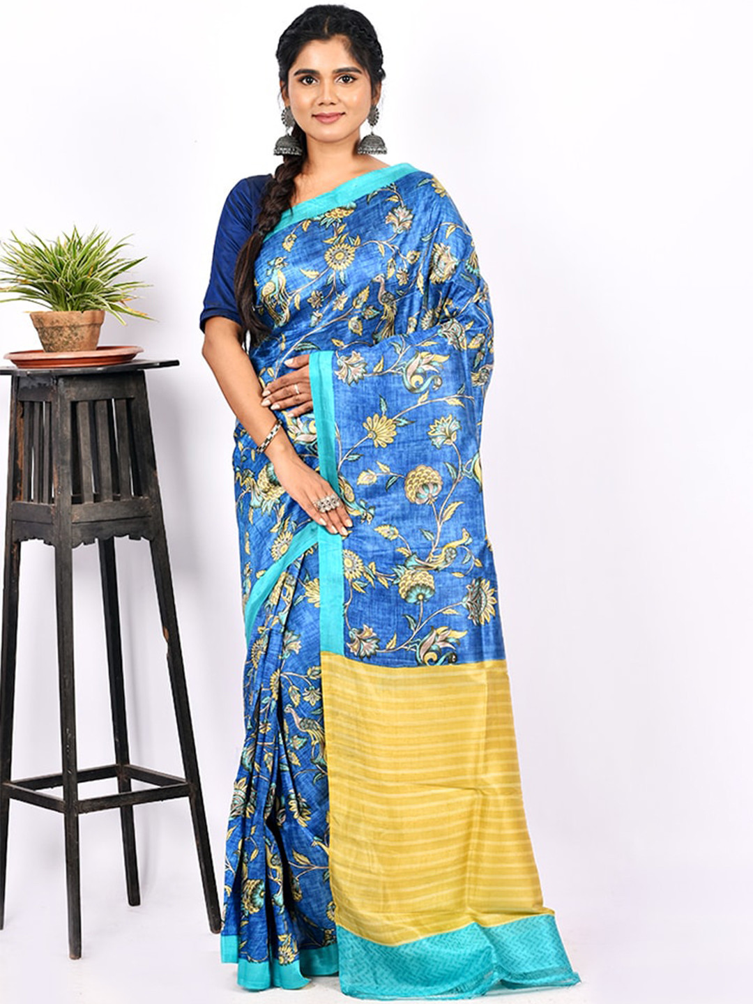 

AllSilks Blue & Yellow Floral Pure Silk Murshidabad Saree