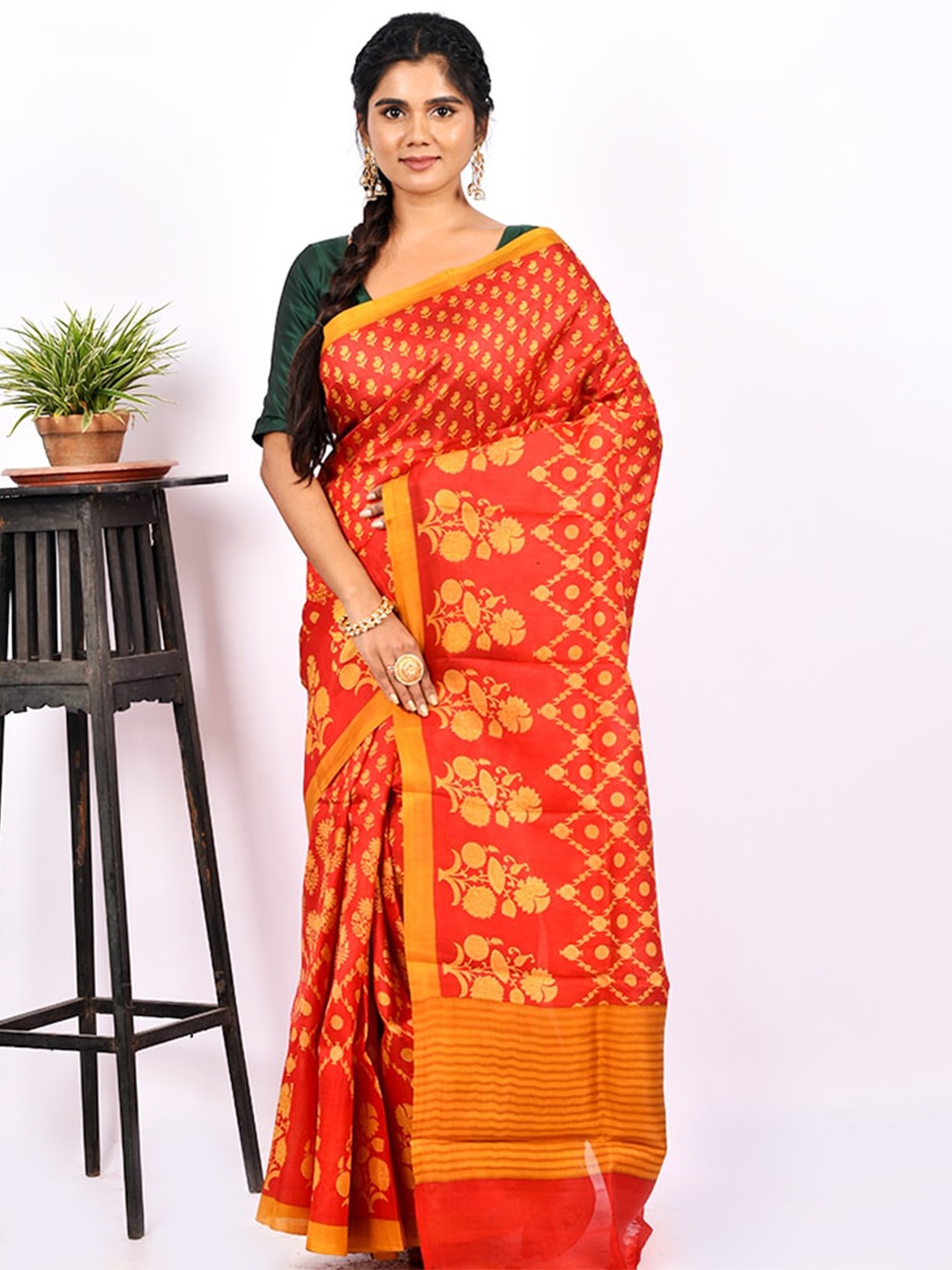 

AllSilks Red & Yellow Floral Pure Silk Murshidabad Saree