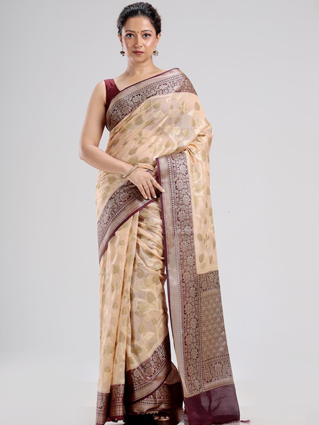 

AllSilks Cream-Coloured & Burgundy Floral Zari Silk Blend Saree
