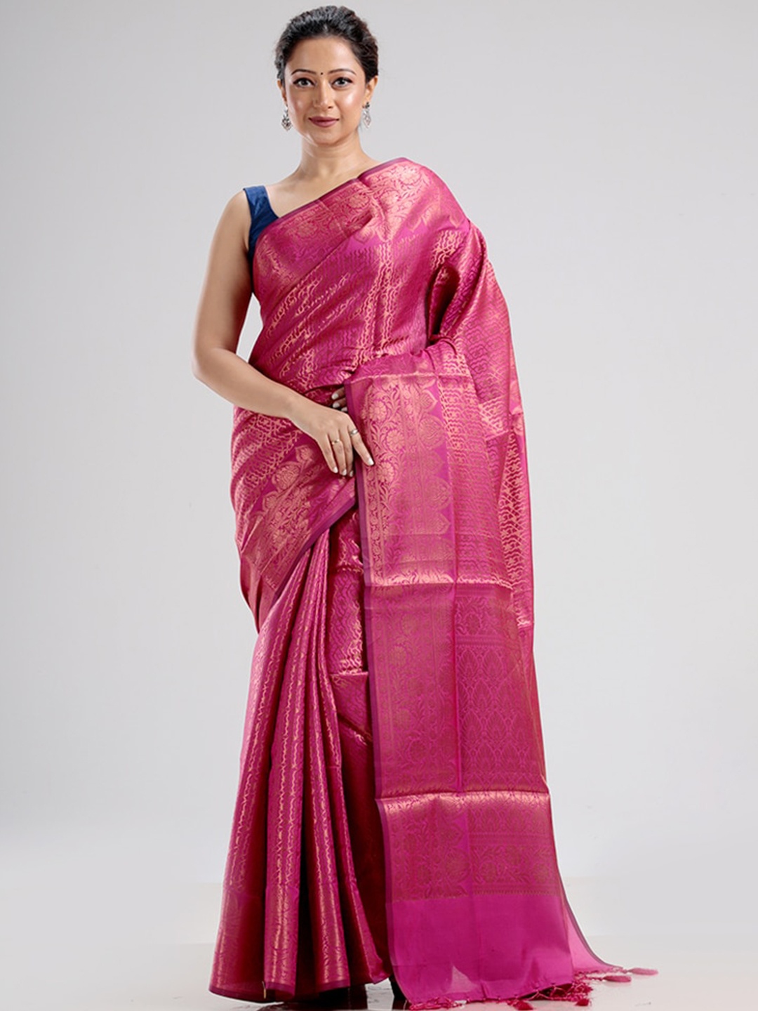

AllSilks Pink & Gold-Toned Floral Zari Saree