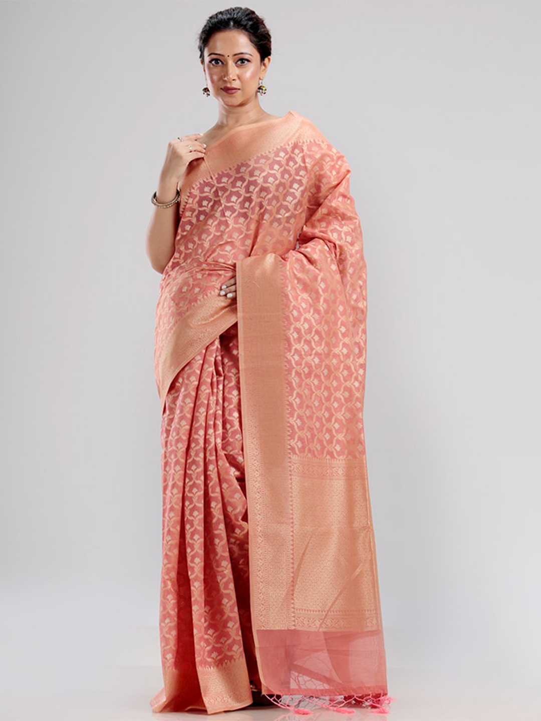 

AllSilks Pink Ethnic Motifs Zari Silk Blend Saree