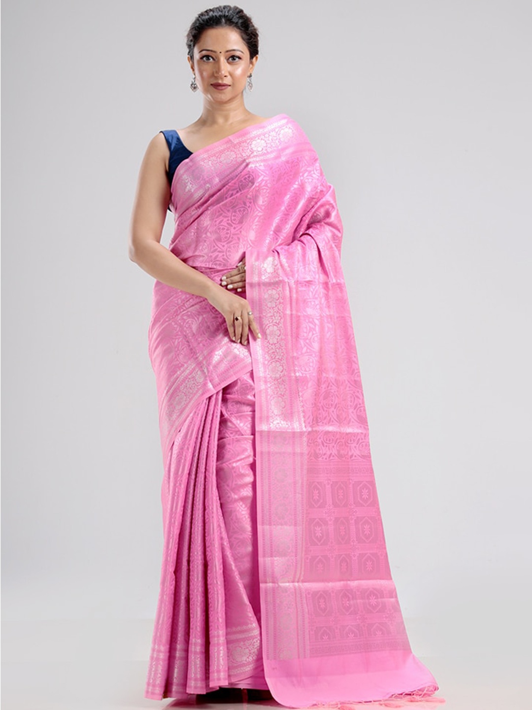 

AllSilks Pink & Silver-Toned Floral Zari Silk Blend Saree