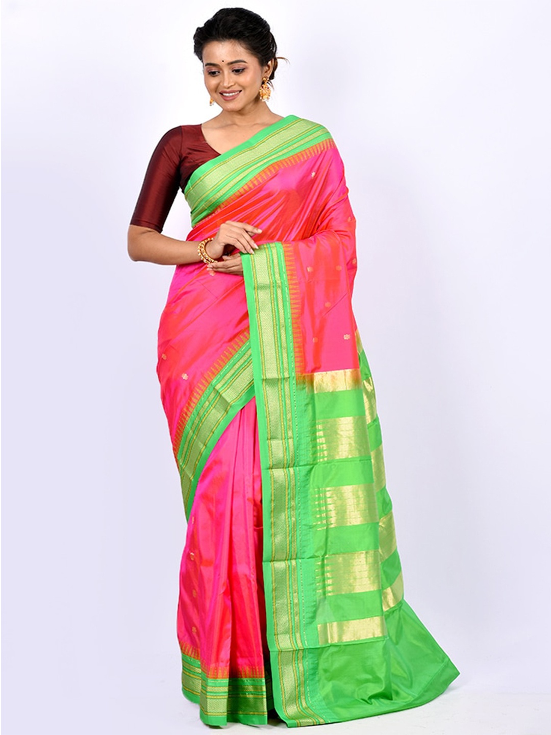 

AllSilks Pink & Green Woven Design Zari Pure Silk Kanjeevaram Saree