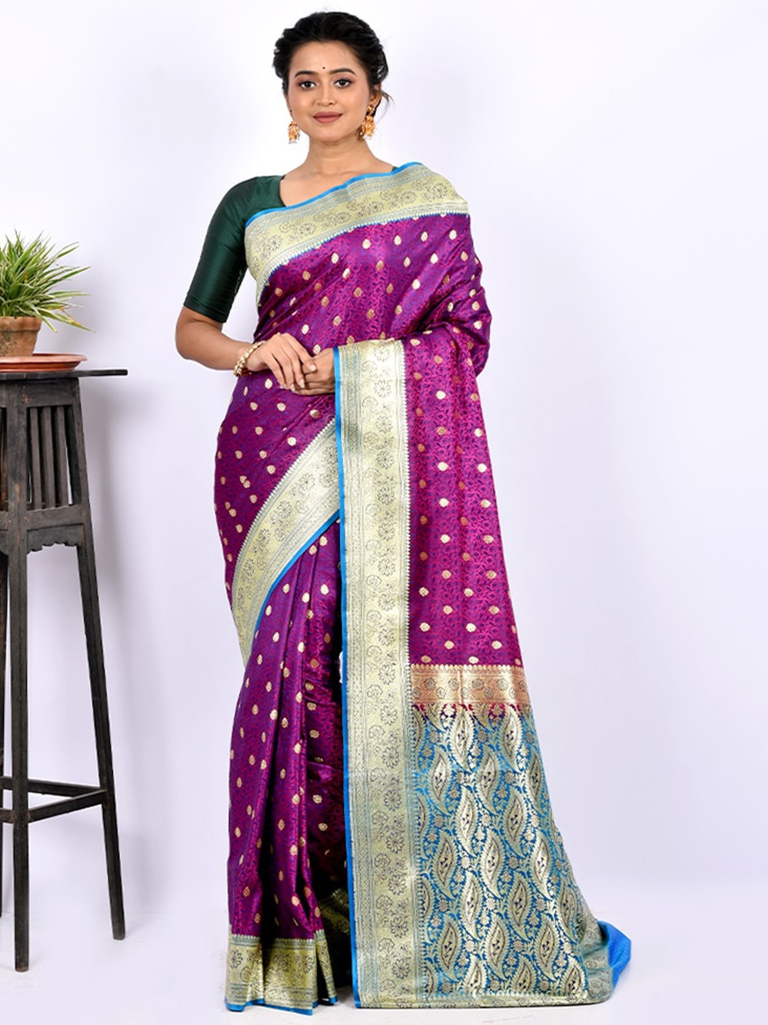 

AllSilks Purple & Blue Floral Zari Silk Blend Banarasi Saree