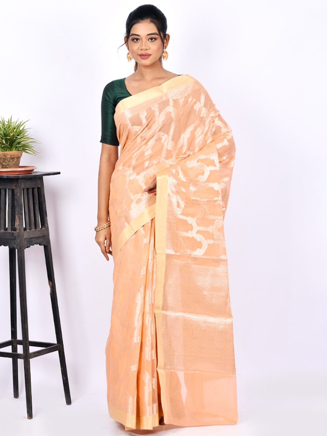

AllSilks Peach-Coloured & Gold-Toned Zari Silk Blend Saree
