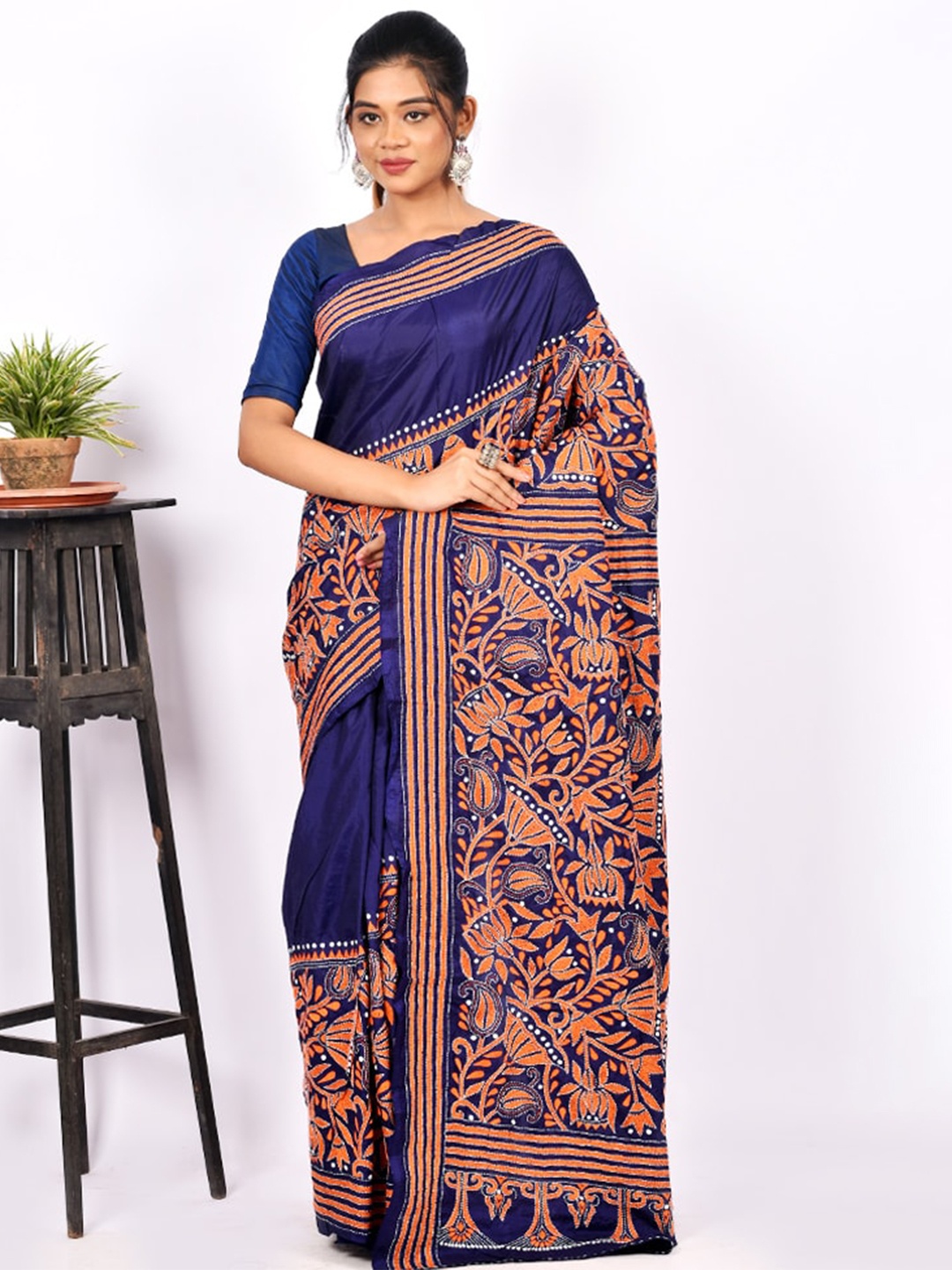 

AllSilks Blue & Peach-Coloured Floral Pure Silk Murshidabad silk Saree