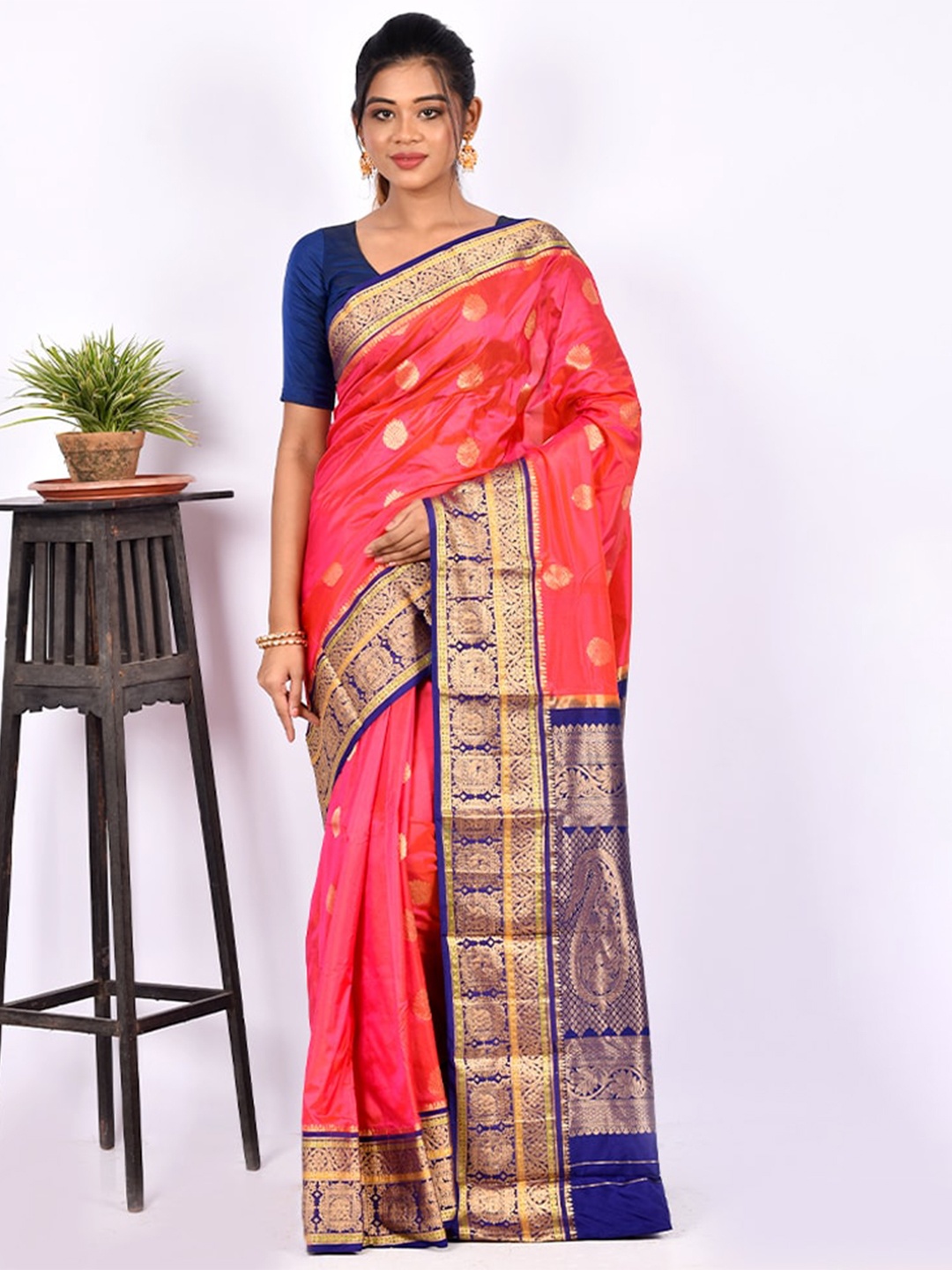 

AllSilks Pink & Blue Paisley Zari Pure Silk Kanjeevaram Saree