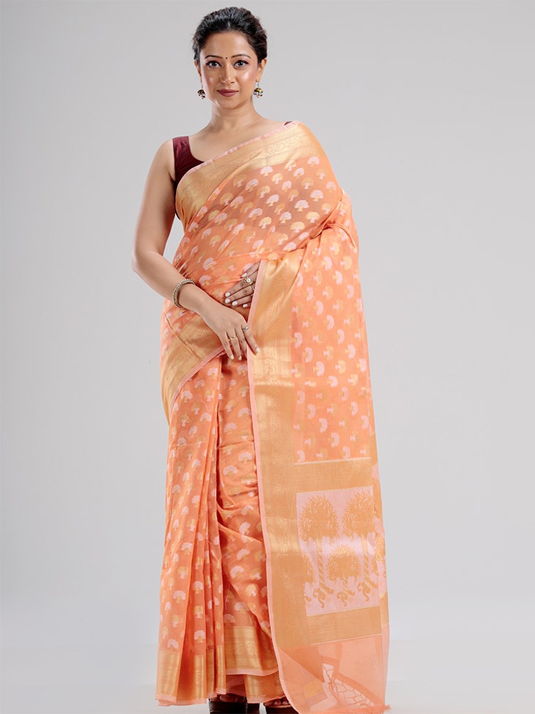 

AllSilks Peach-Coloured & Gold-Toned Floral Zari Silk Blend Saree