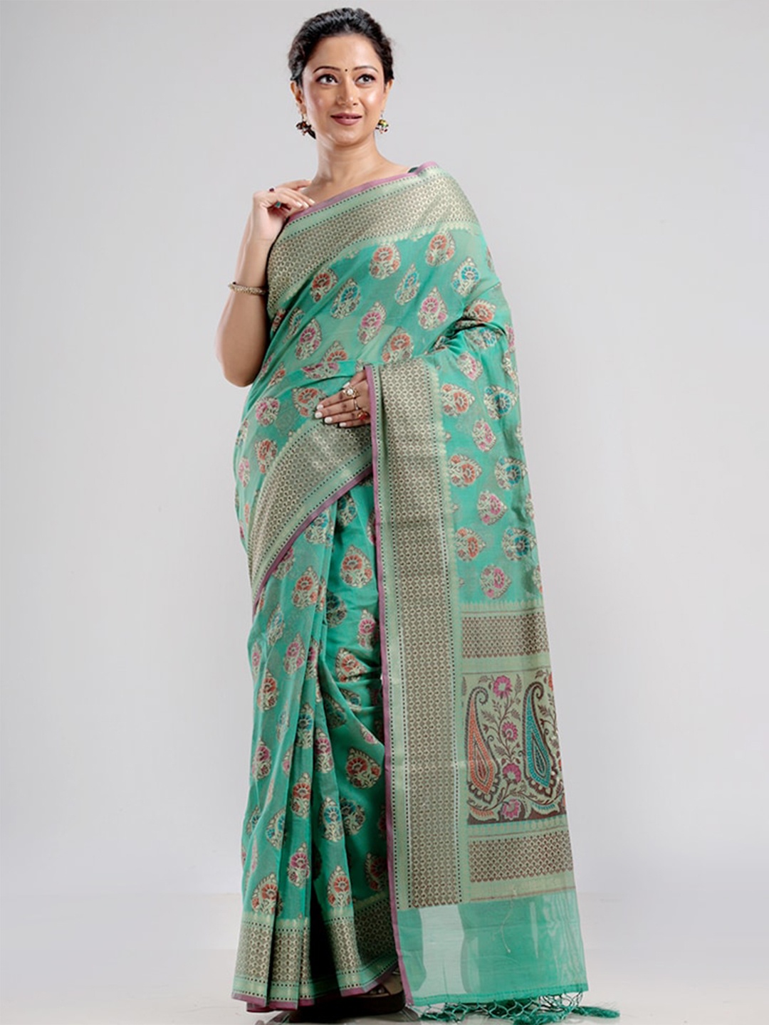 

AllSilks Green & Blue Paisley Zari Silk Blend Saree