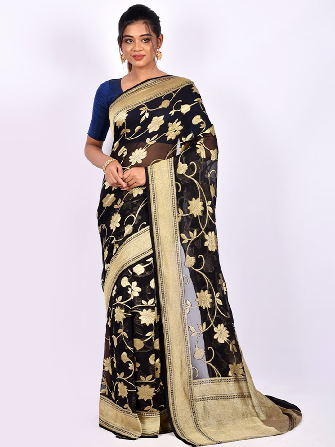 

AllSilks Black & Gold-Toned Floral Zari Pure Georgette Saree