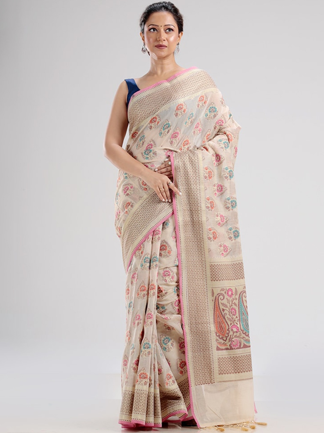 

AllSilks Cream-Coloured & Blue Floral Silk Blend Saree