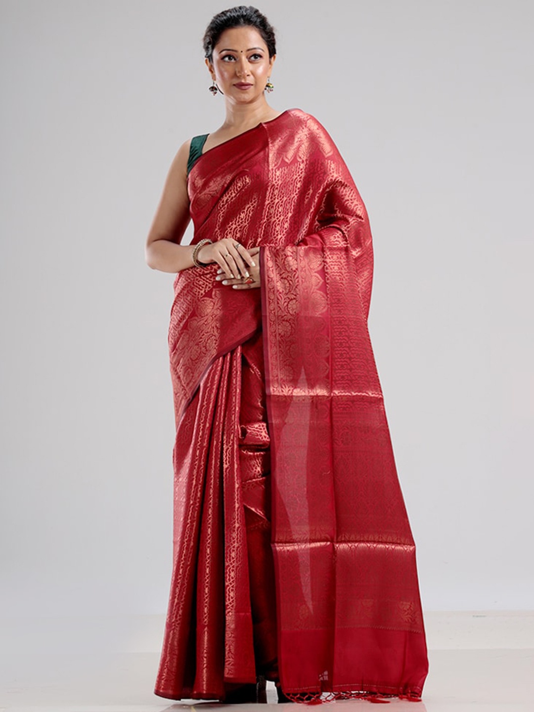 

AllSilks Red Ethnic Motifs Zari Silk Blend Saree