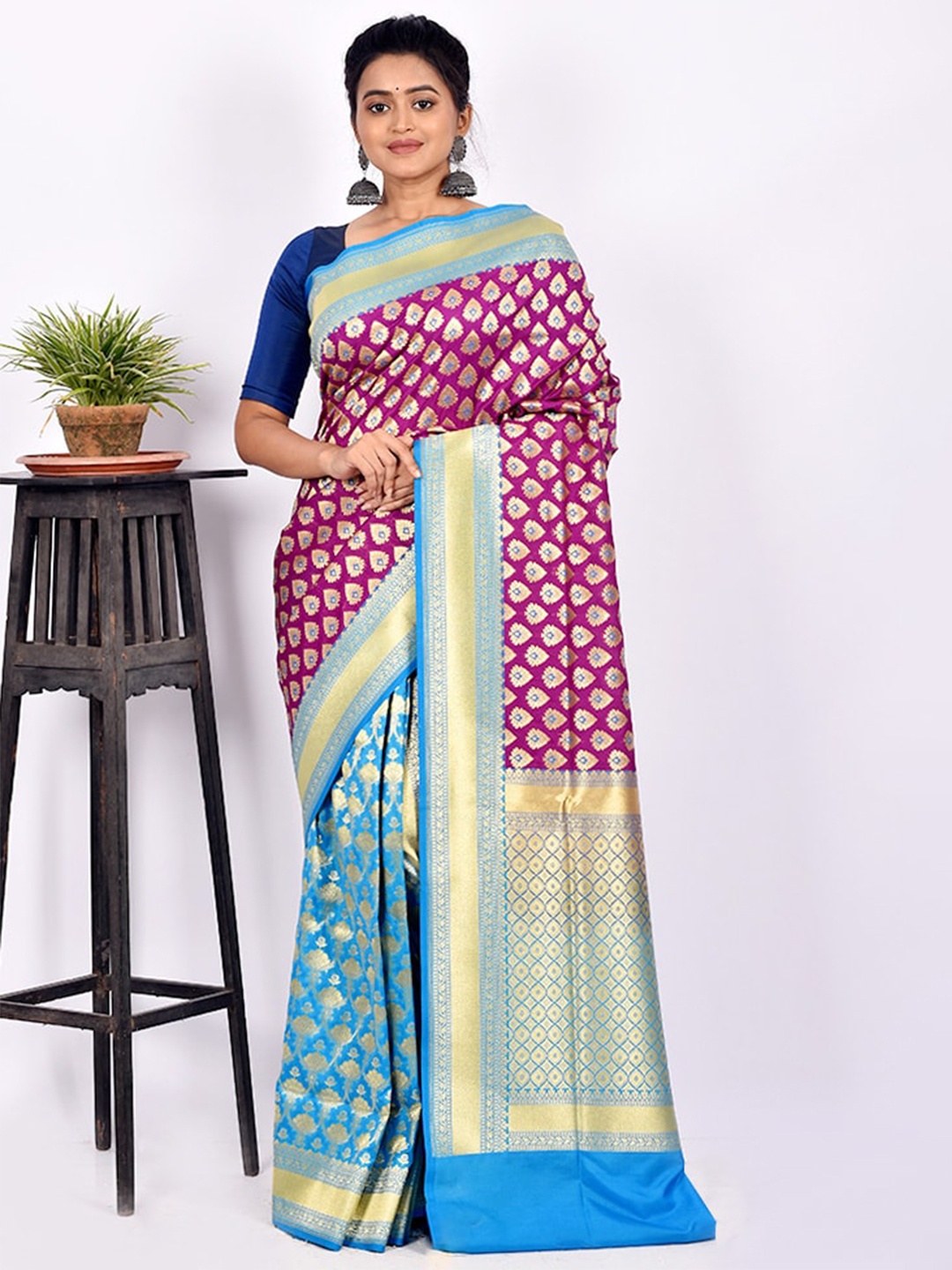 

AllSilks Purple & Blue Woven Design Zari Silk Blend Uppada Saree