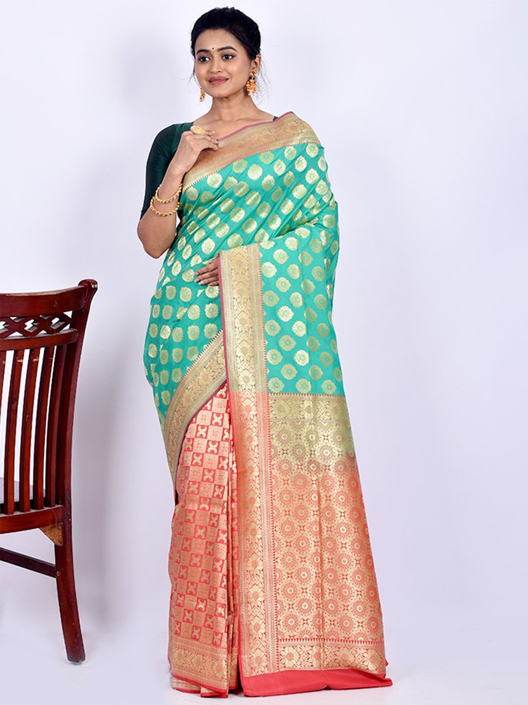 

AllSilks Green & Peach-Coloured Woven Design Zari Silk Blend Uppada Saree