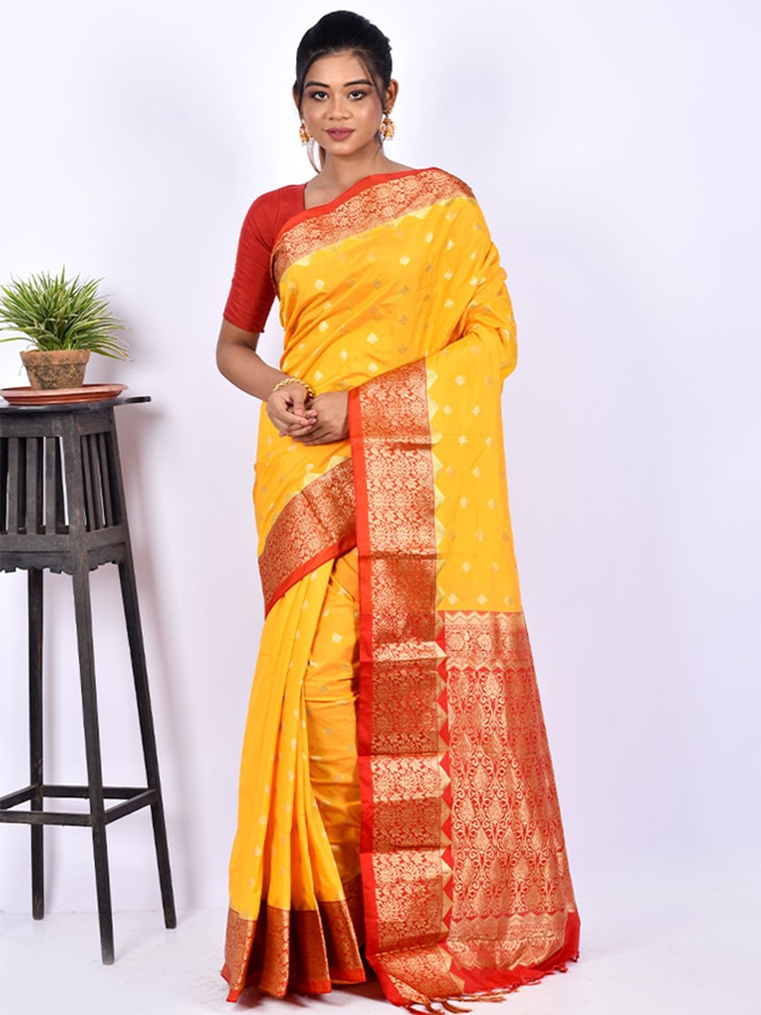 

AllSilks Yellow & Red Woven Design Zari Silk Blend Kanjeevaram Saree