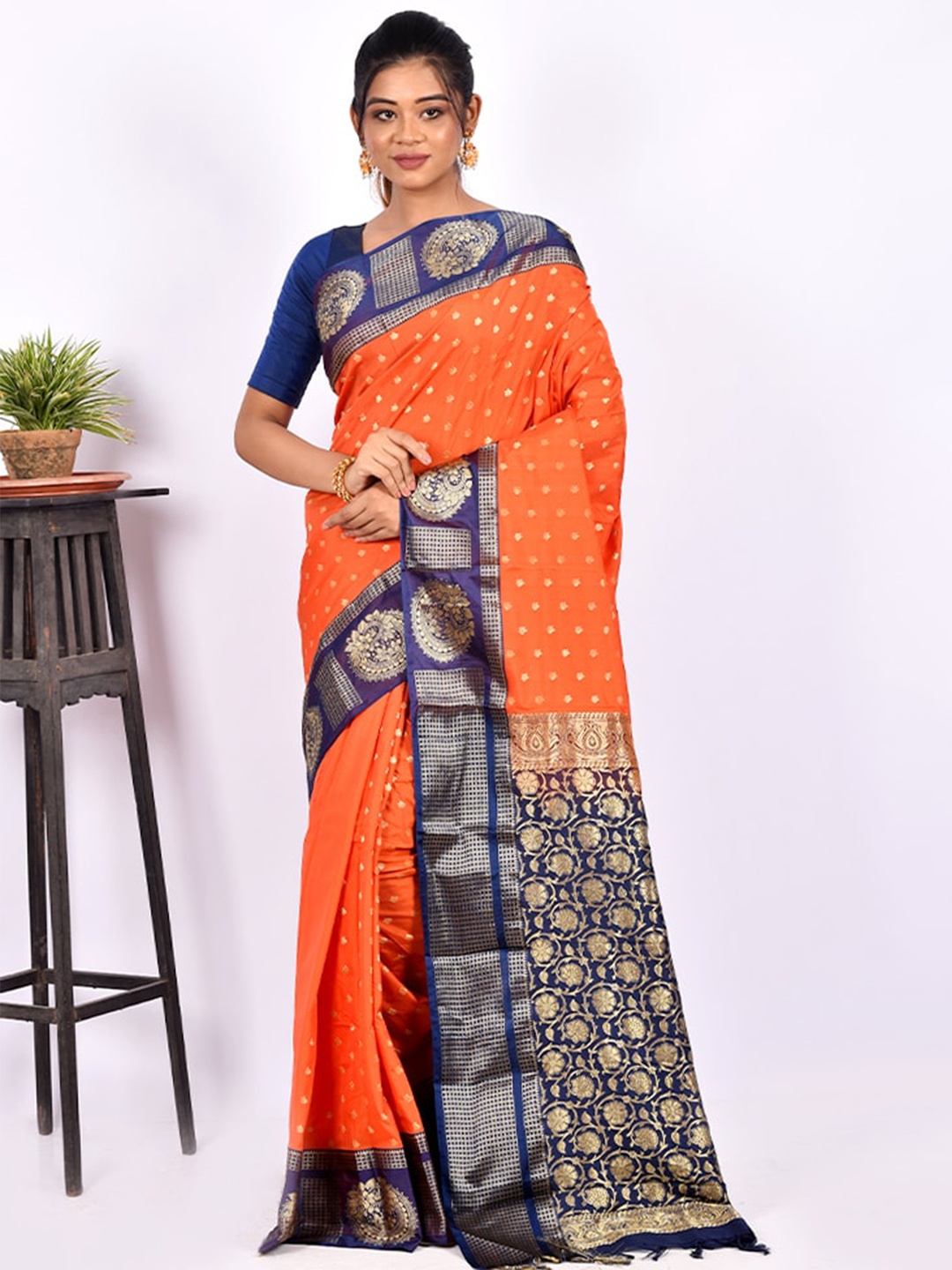 

AllSilks Orange & Blue Woven Design Zari Silk Blend Kanjeevaram Saree