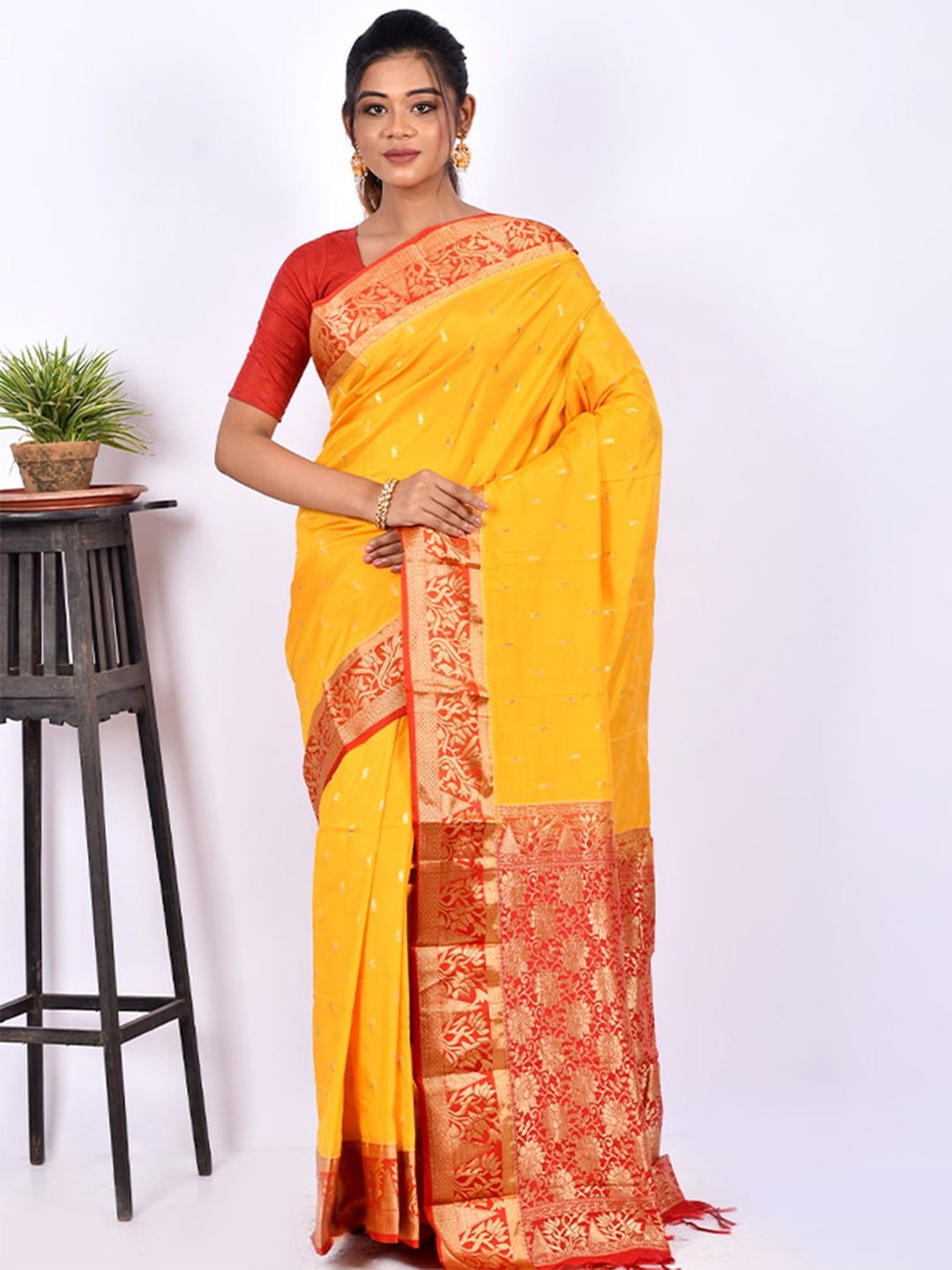 

AllSilks Yellow & Red Woven Design Zari Silk Blend Kanjeevaram Saree