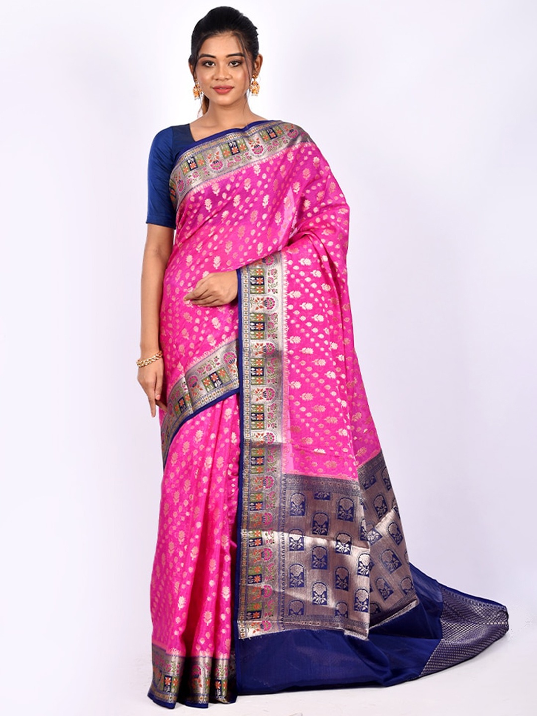 

AllSilks Pink & Navy Blue Woven Design Zari Saree