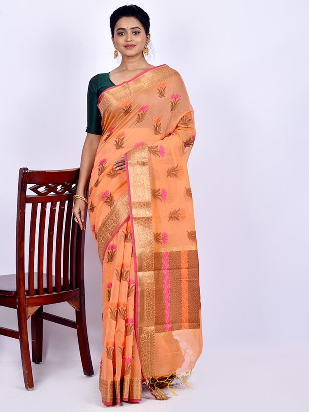 

AllSilks Orange & Pink Woven Design Zari Silk Blend Saree