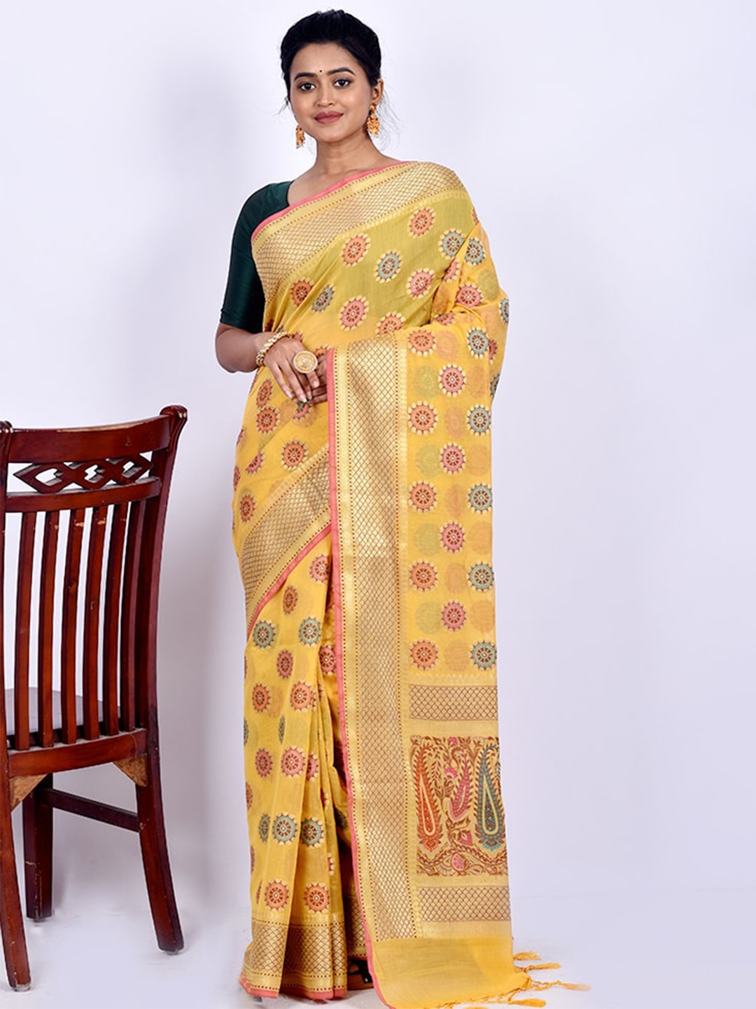 

AllSilks Yellow & Pink Woven Design Silk Blend Zari Saree