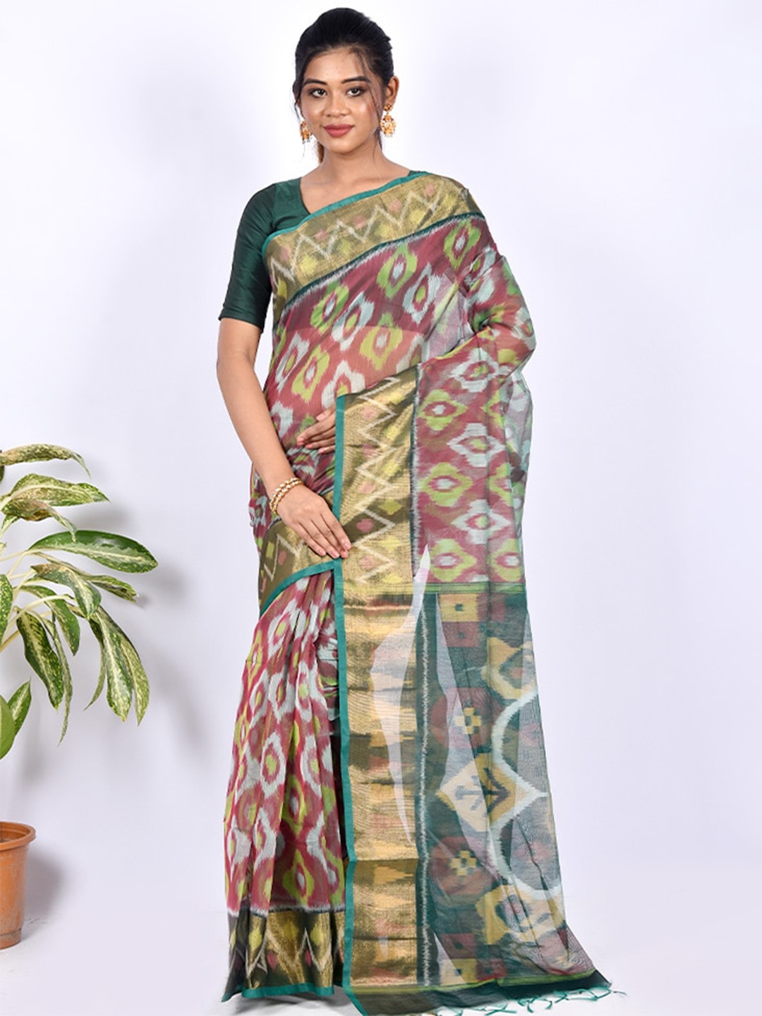 

AllSilks Red & Green Geometric Woven Design Pure Cotton Saree