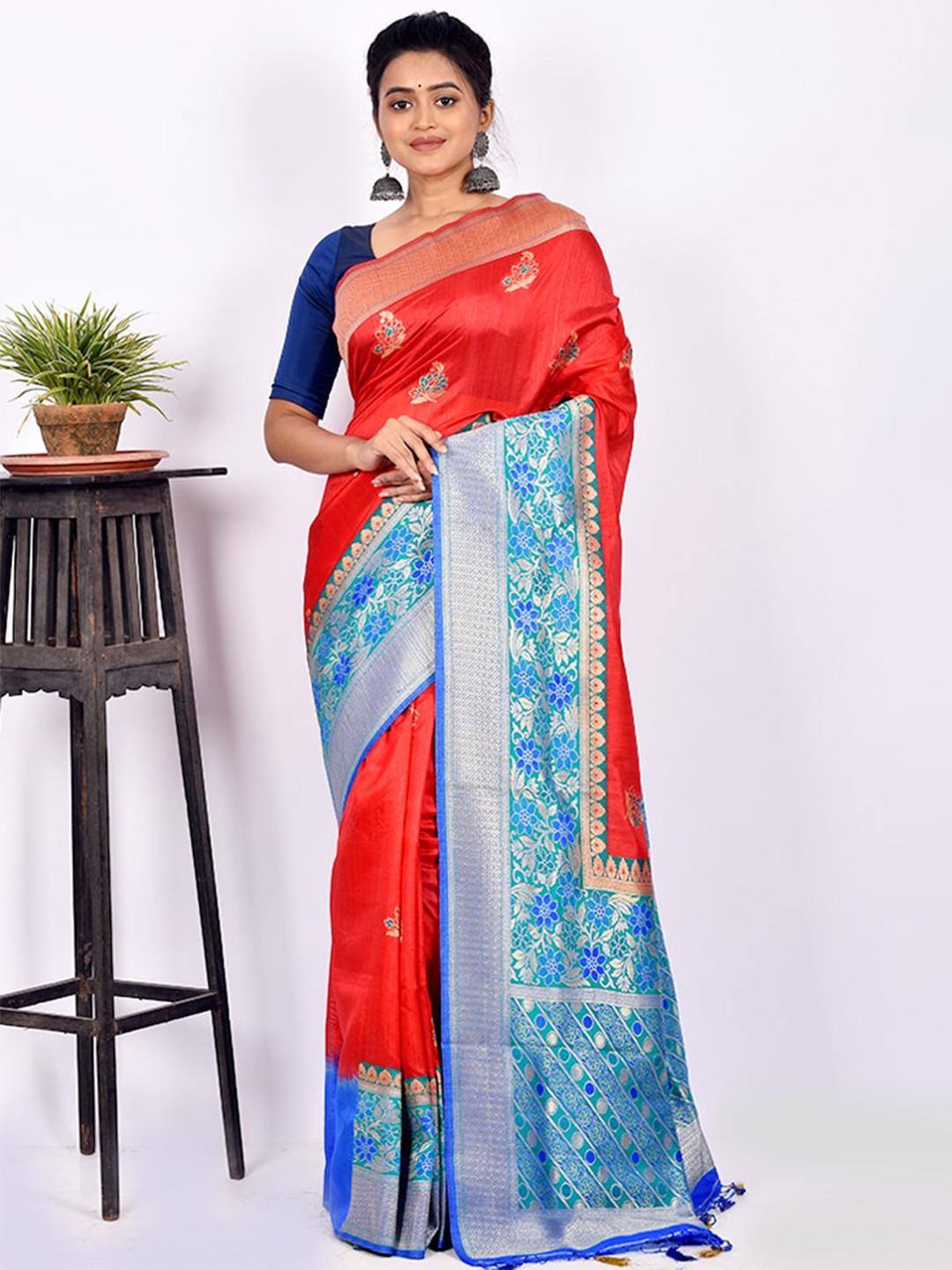 

AllSilks Red & Blue Woven Design Silk Blend Zari Saree