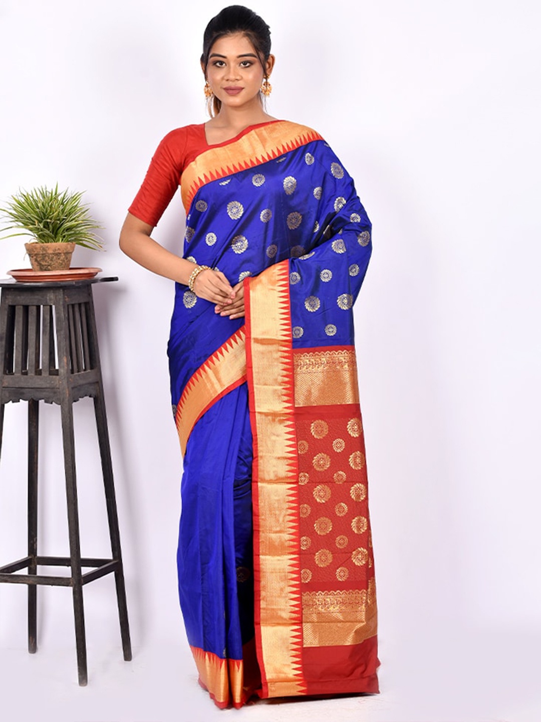 

AllSilks Blue & Red Woven Design Silk Blend Kanjeevaram Zari Saree