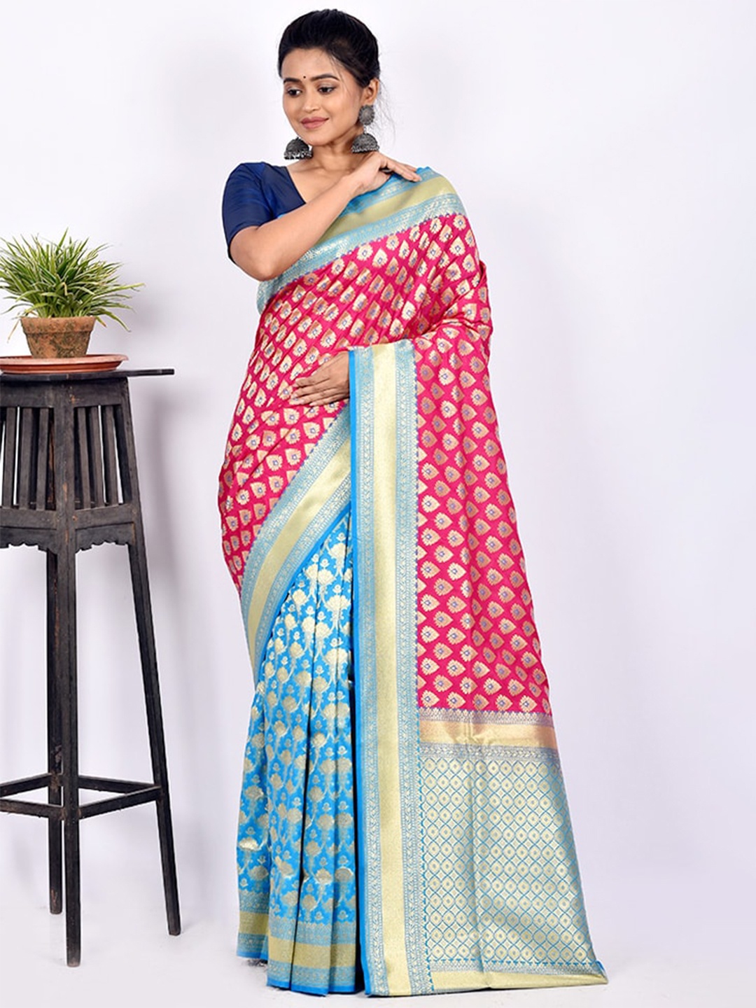 

AllSilks Pink & Blue Woven Design Silk Blend Zari Uppada Half and Half Saree